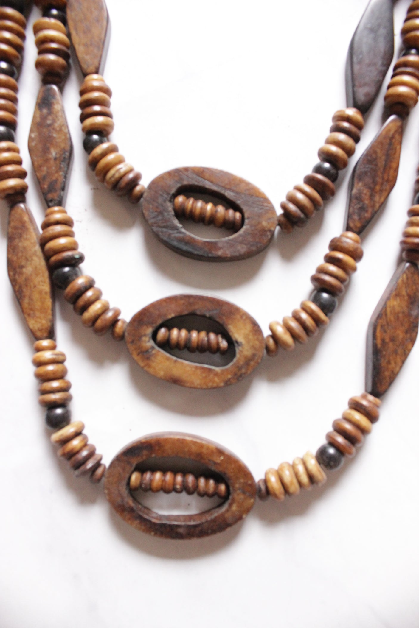 Light Brown and Dark Brown Wooden Beads 3 Layer Necklace