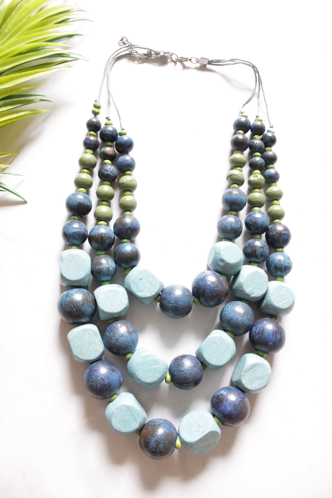 Shades of Blue and Green Wooden Beads 3 Layer Chain Closure Necklace