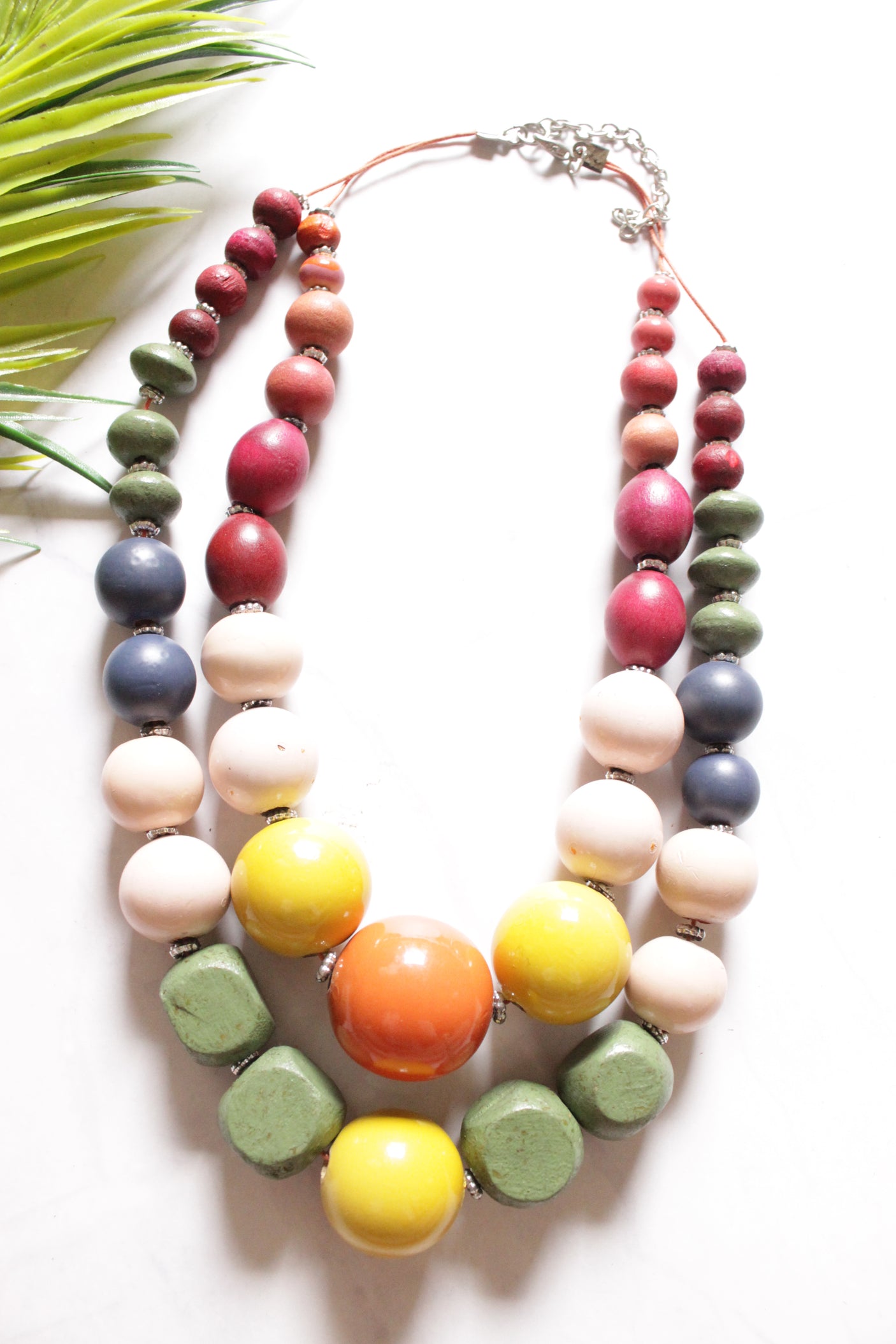 4 Vibrant Shades Wooden Beads 2 Layer Chain Closure Necklace