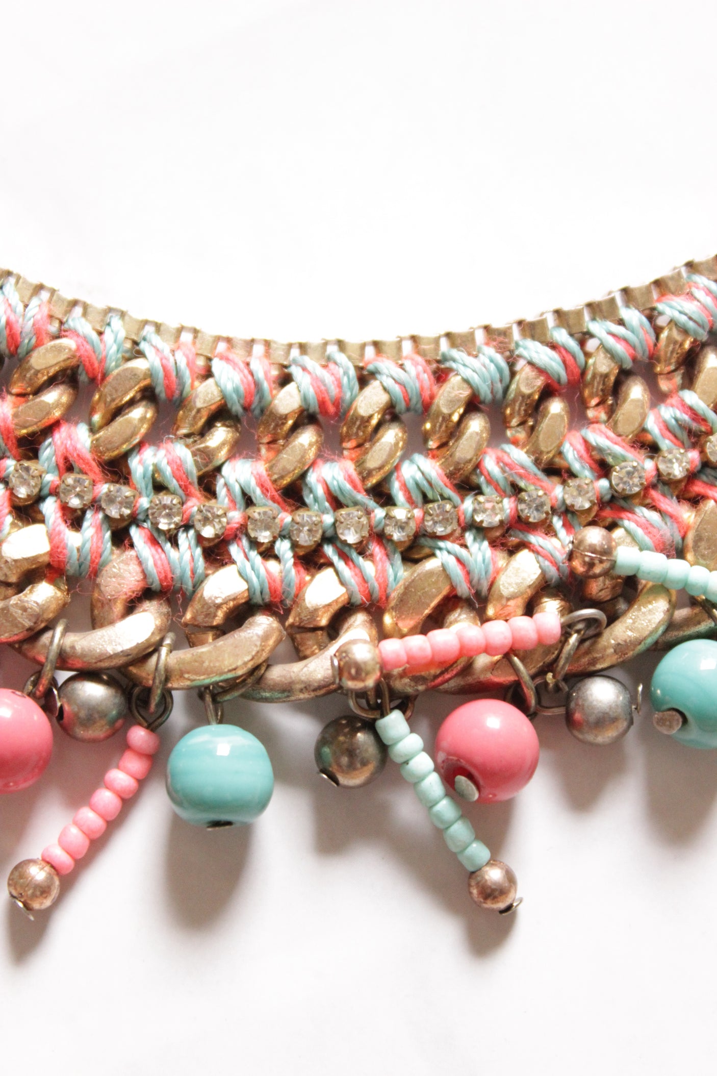 Braided Metal Chains Fabric Threads and Beads Handmade Boho Necklace