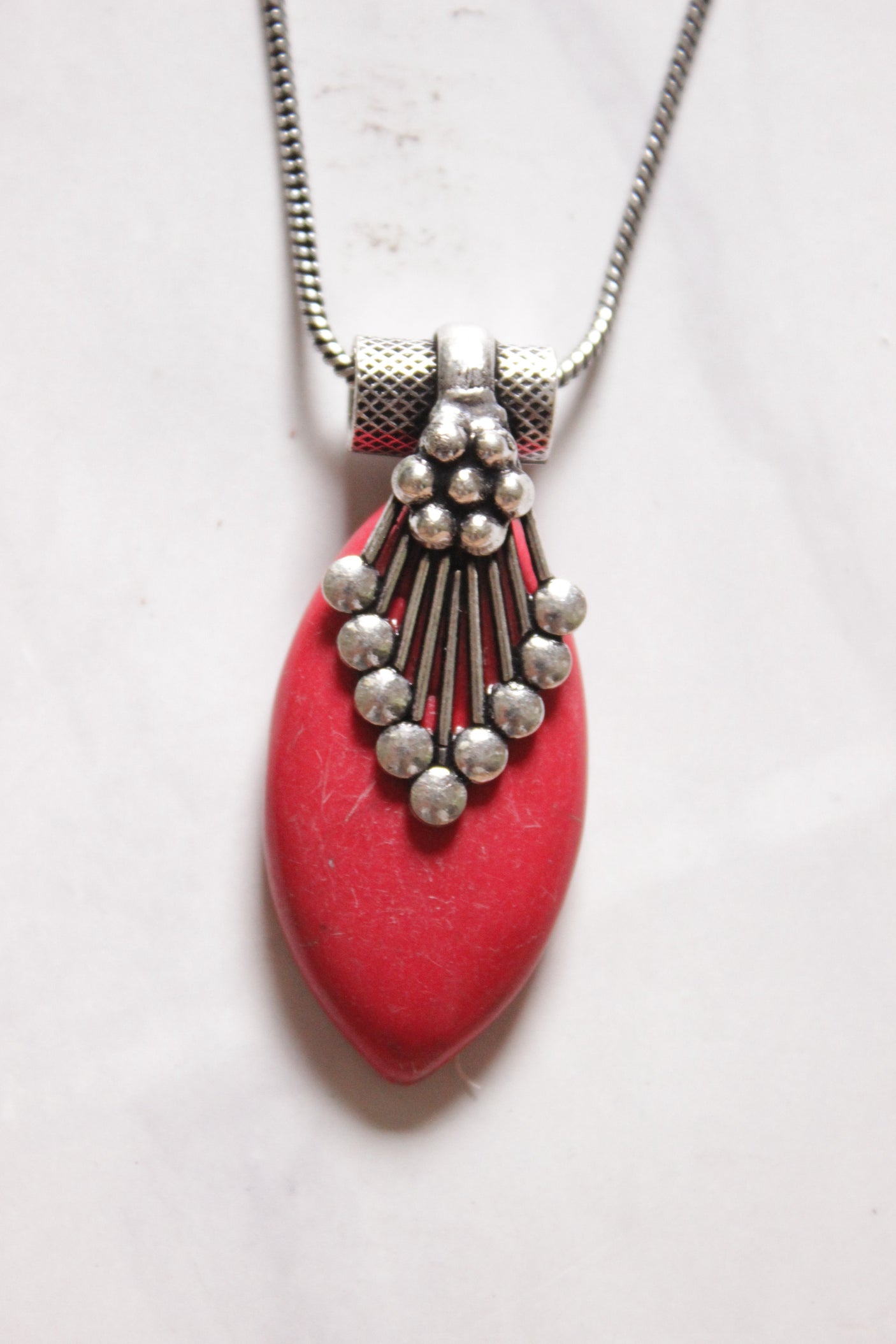 Oxidised Chain Necklace Set with Red Pendant