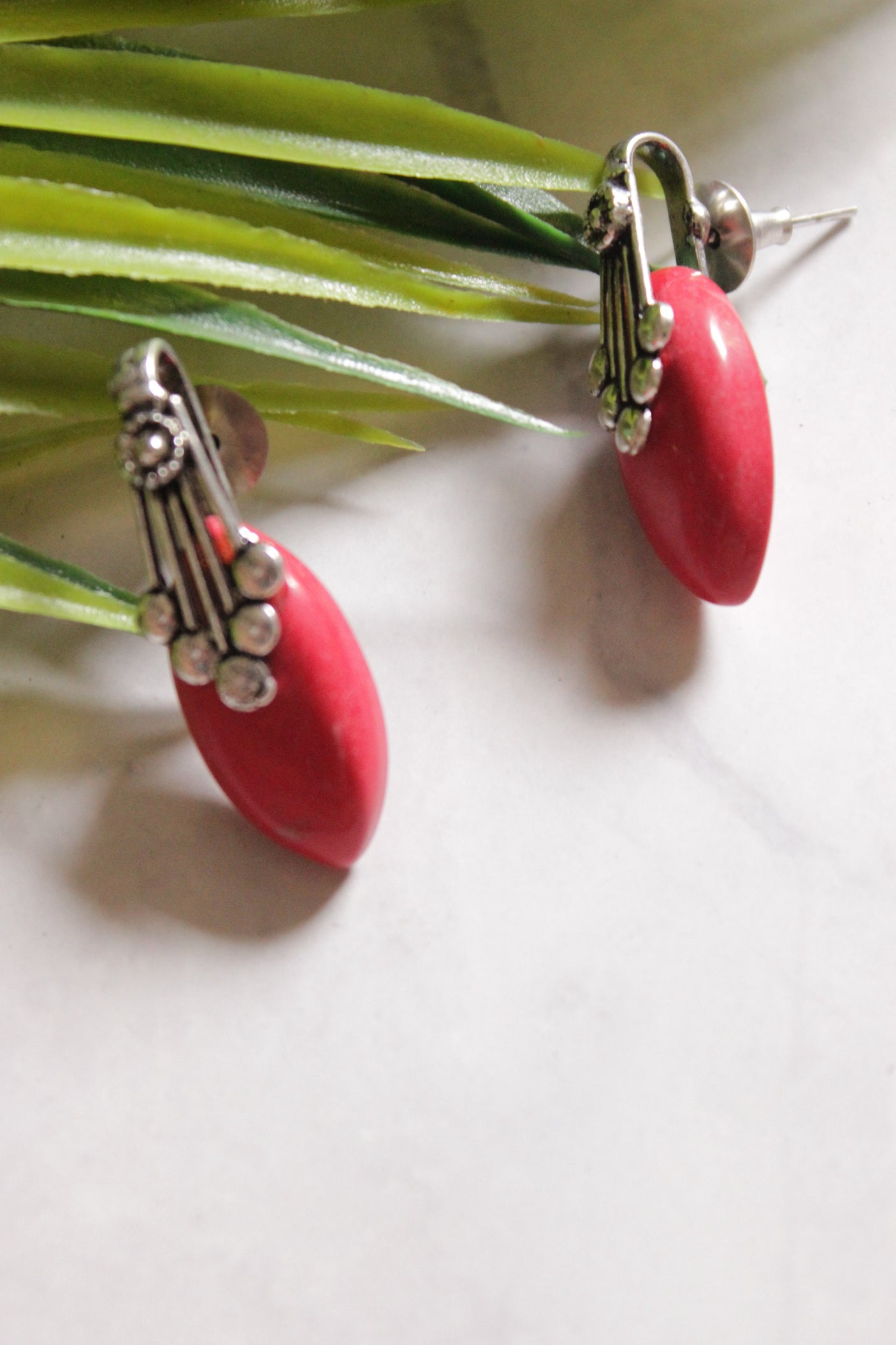 Oxidised Chain Necklace Set with Red Pendant