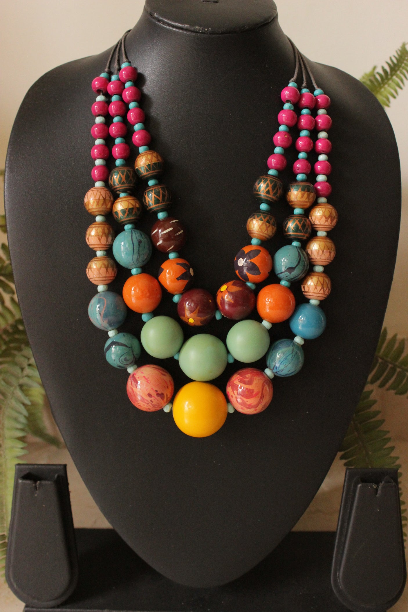 Multi-Color Handpainted Vibrant Wooden Beads 3 Layer Chain Closure Necklace