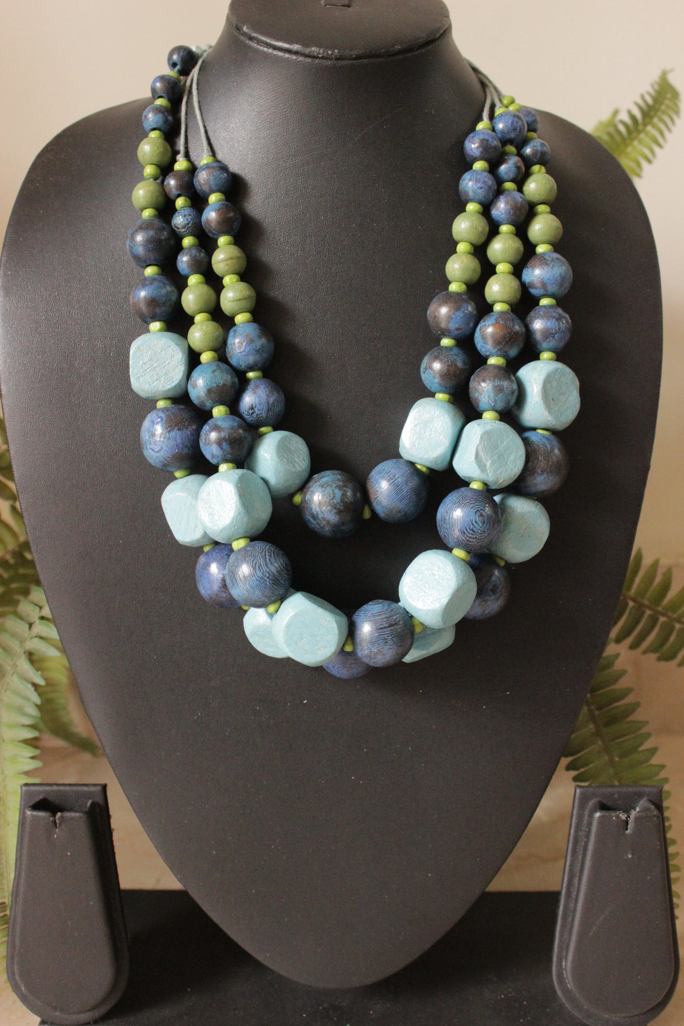 Shades of Blue and Green Wooden Beads 3 Layer Chain Closure Necklace