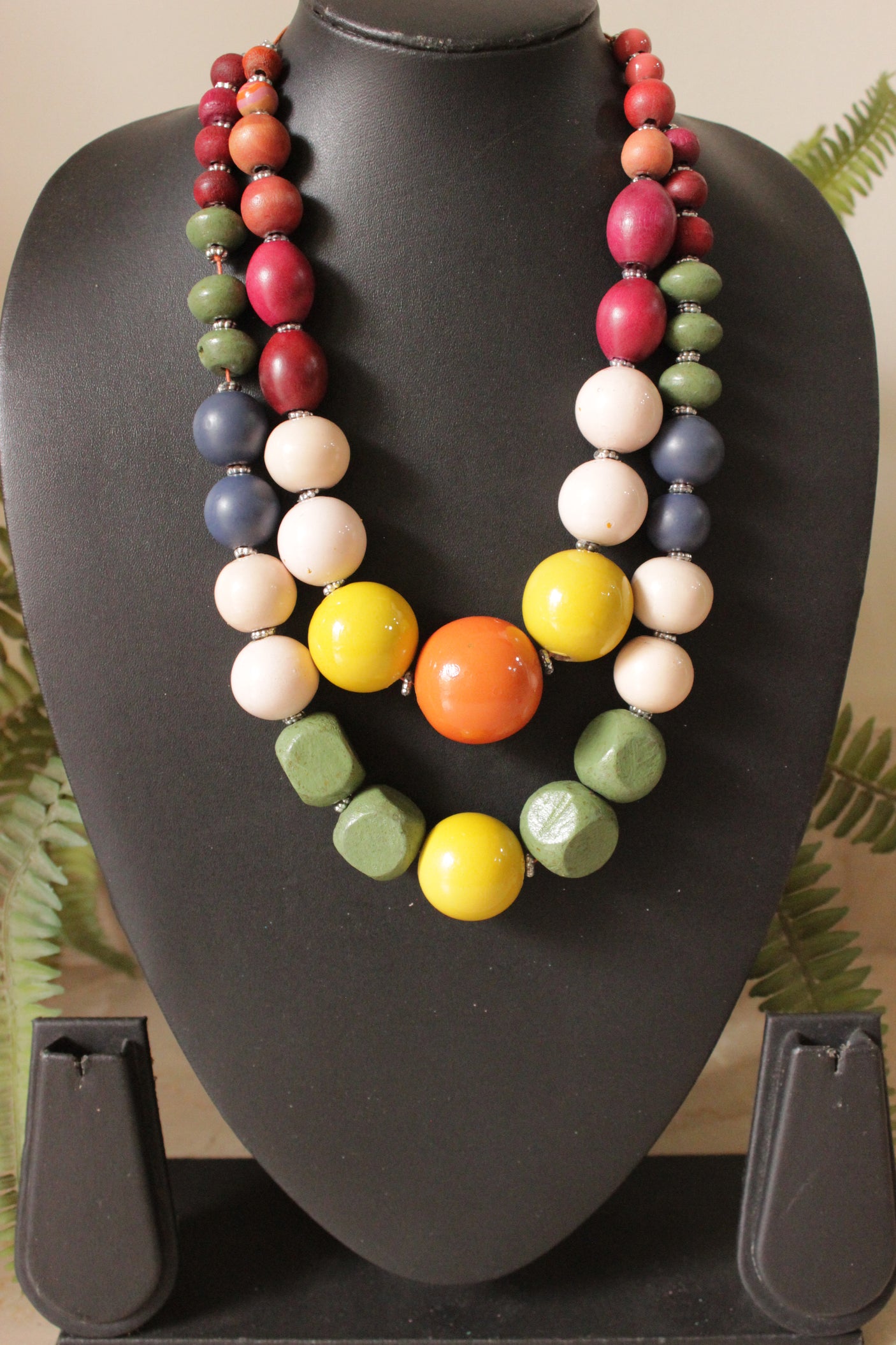 4 Vibrant Shades Wooden Beads 2 Layer Chain Closure Necklace