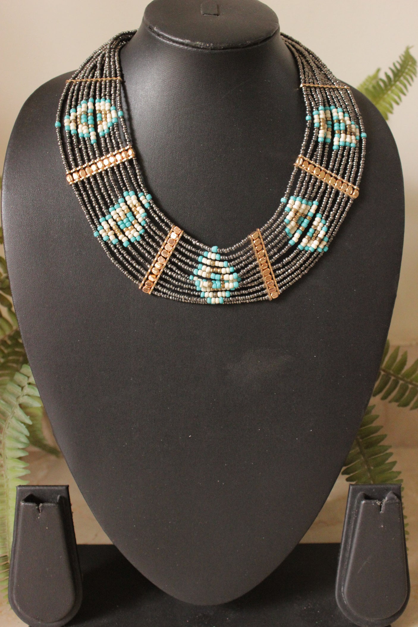 Black and Sky Blue Glass Beads Hand Braided Necklace