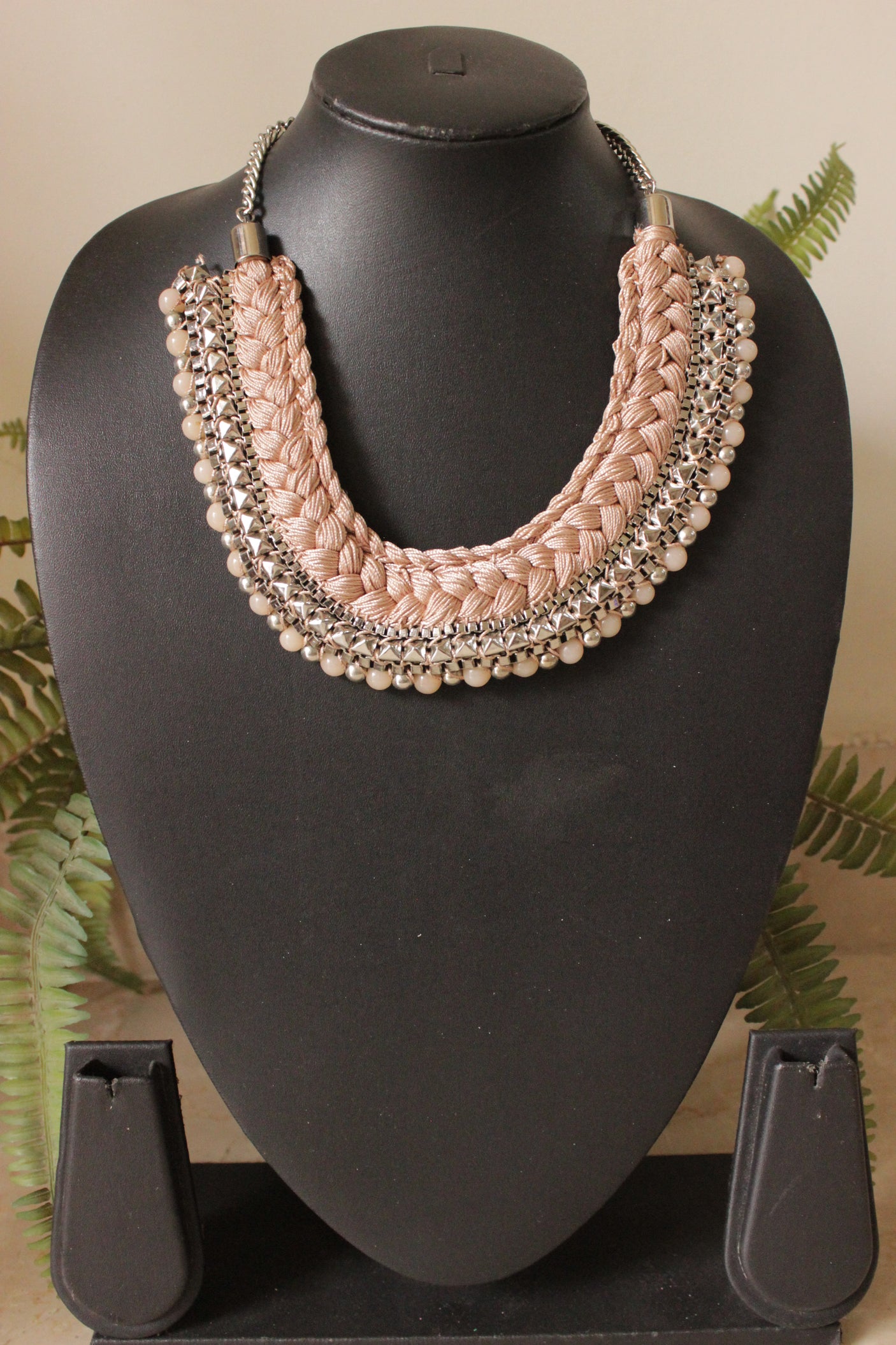 Peach Fabric Threads Braided with Metal Accents Handmade Necklace