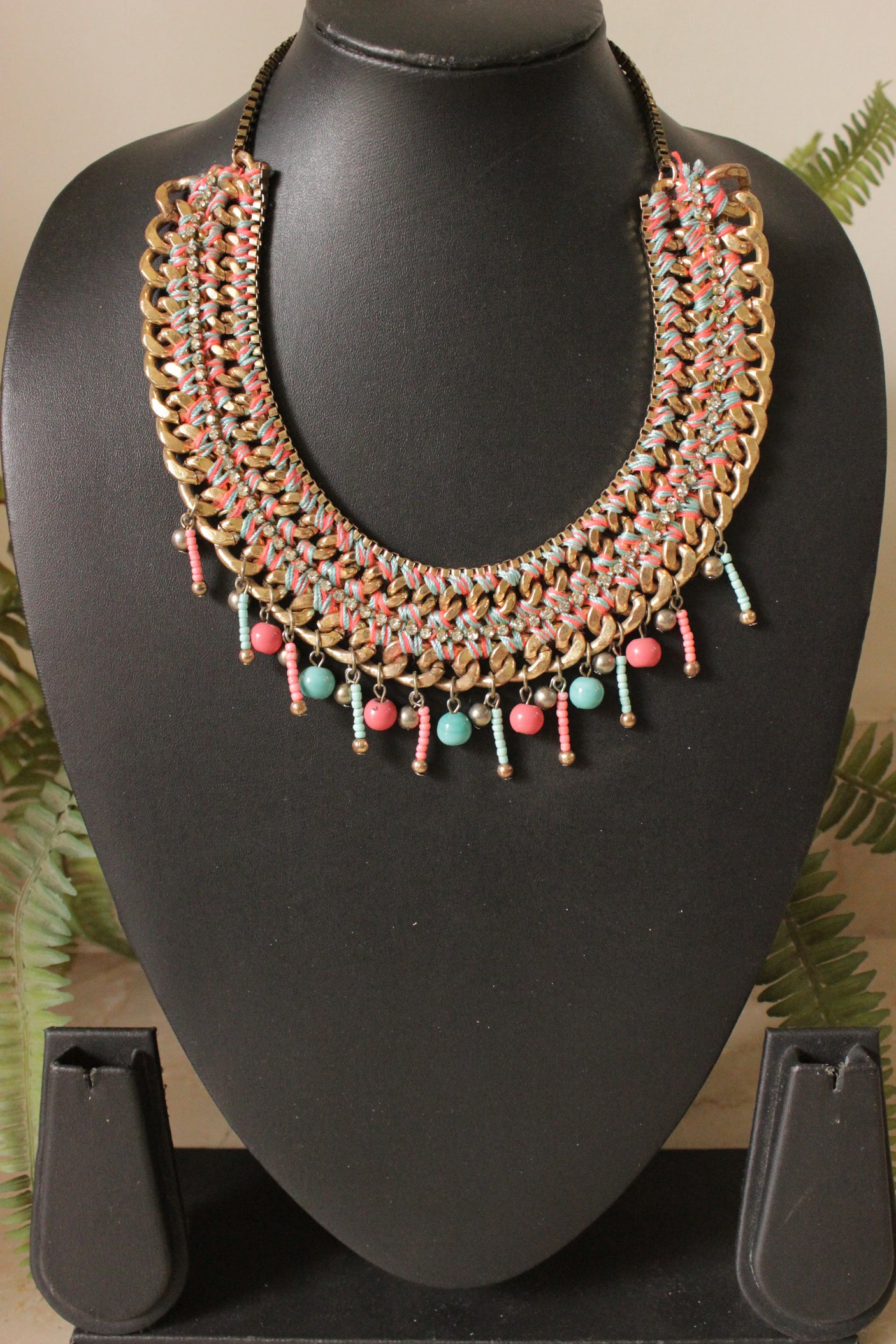 Braided Metal Chains Fabric Threads and Beads Handmade Boho Necklace