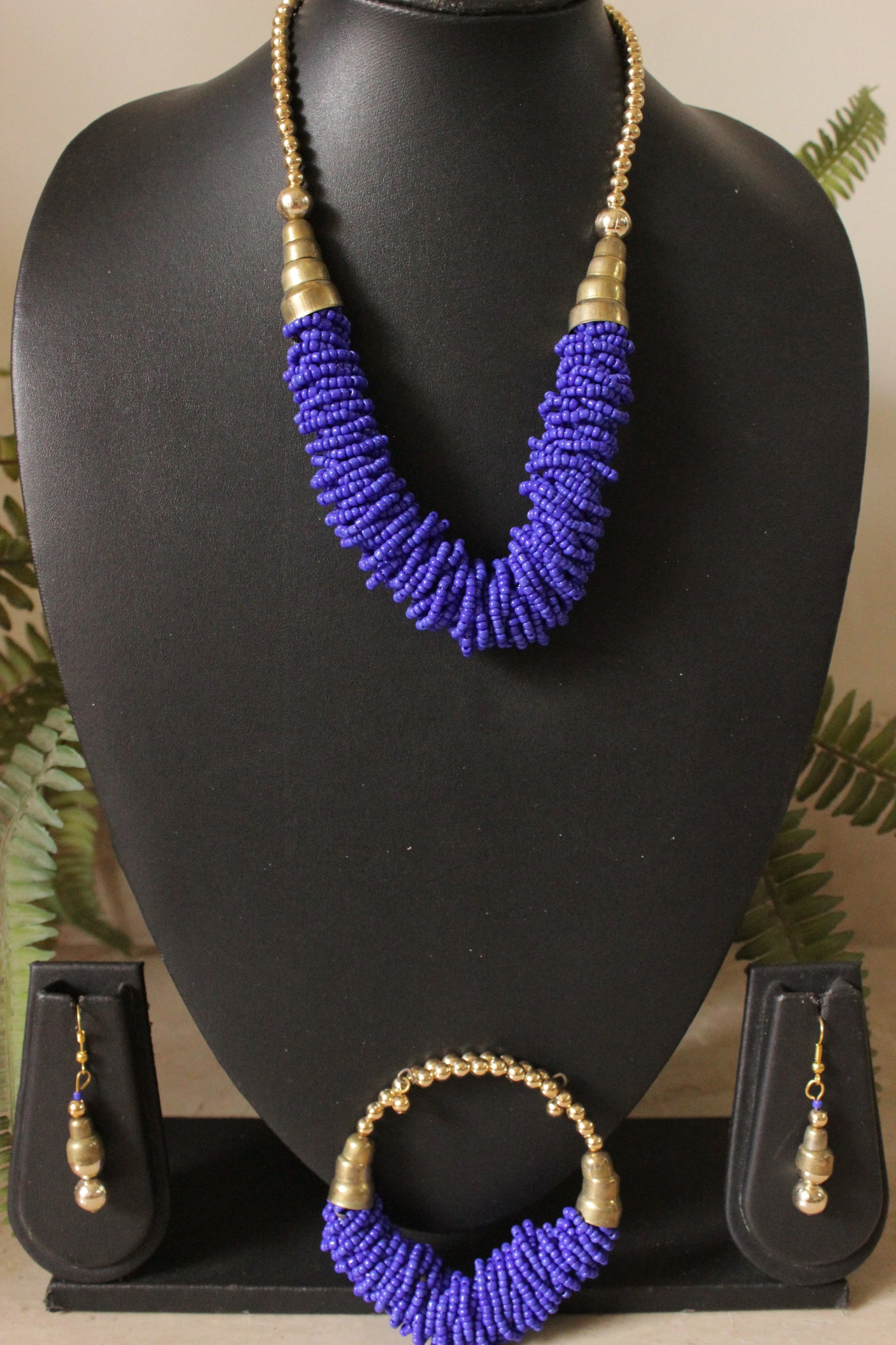 Set of 3 - Necklace, Earrings and Bracelet Violet Hand Braided Beads with Gold Accents Necklace Set