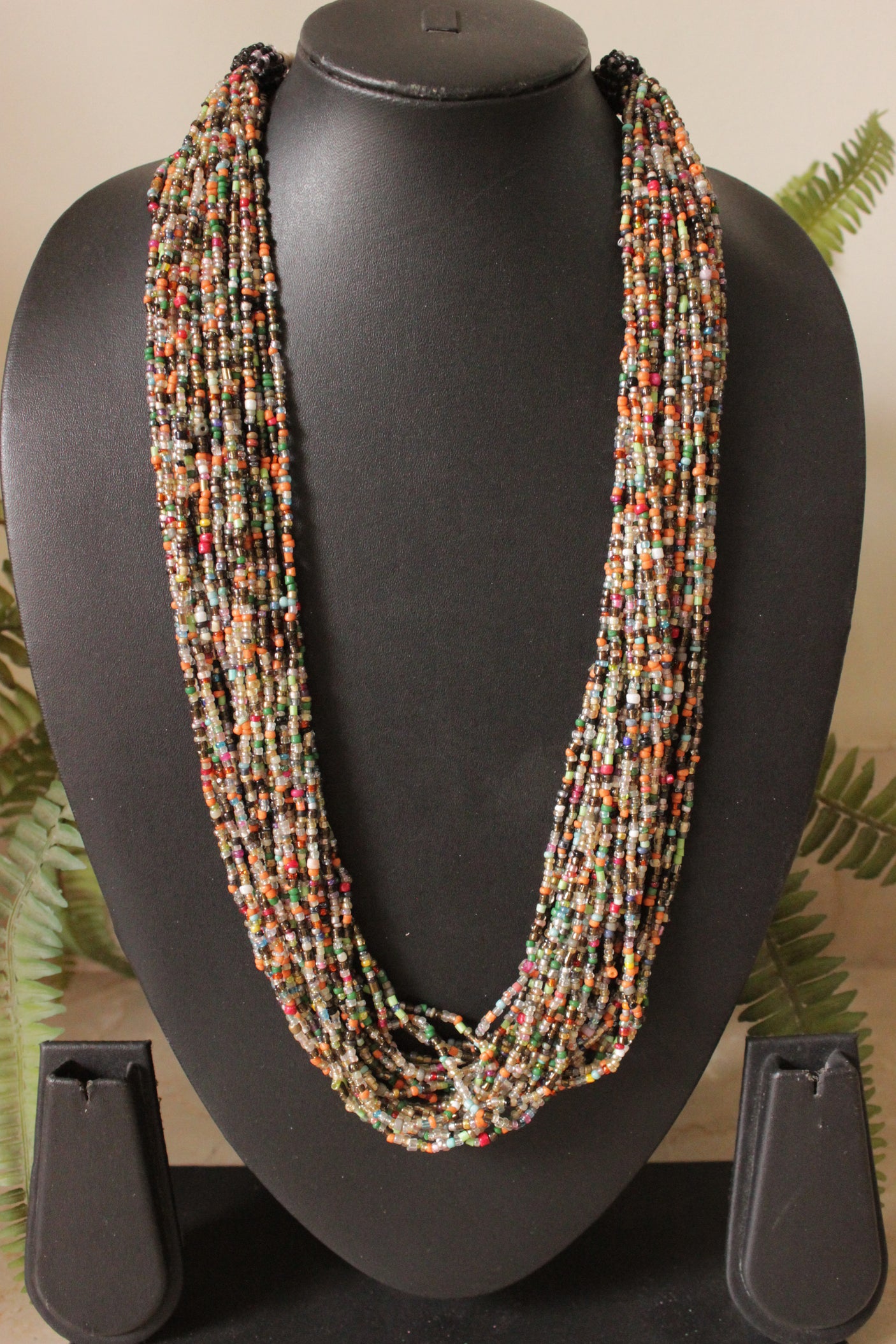 Brown and White Multi-Layer Hand Braided Necklace with Button Closure