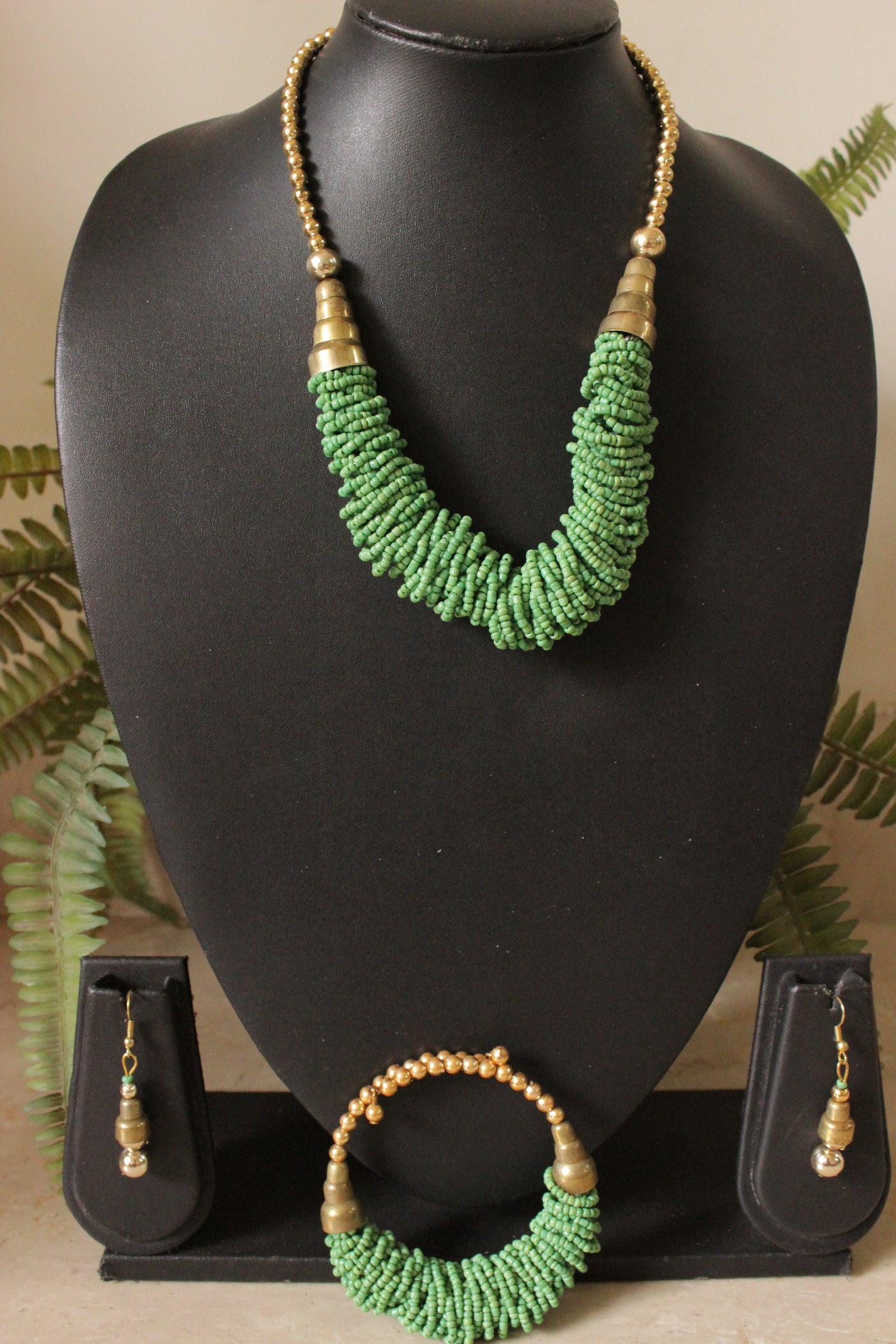 Set of 3 - Necklace, Earrings and Bracelet Sea Green Hand Braided Beads with Gold Accents