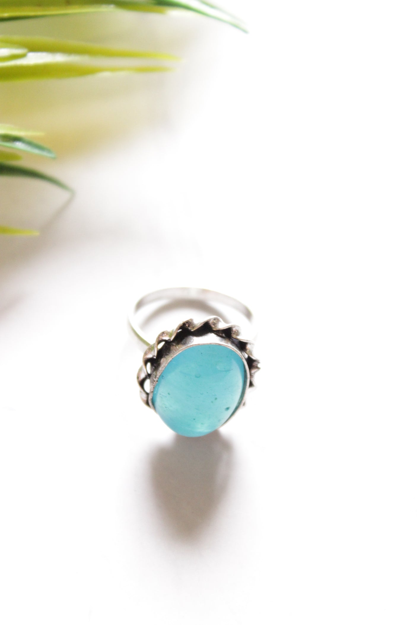 Blue Glass Stone Embedded Oxidised Finish Adjustable Ring