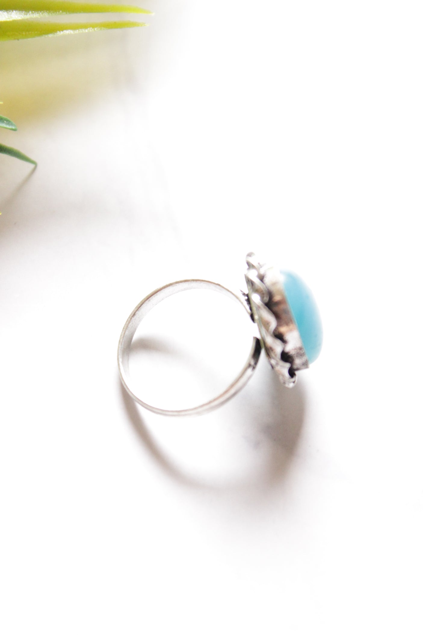 Blue Glass Stone Embedded Oxidised Finish Adjustable Ring