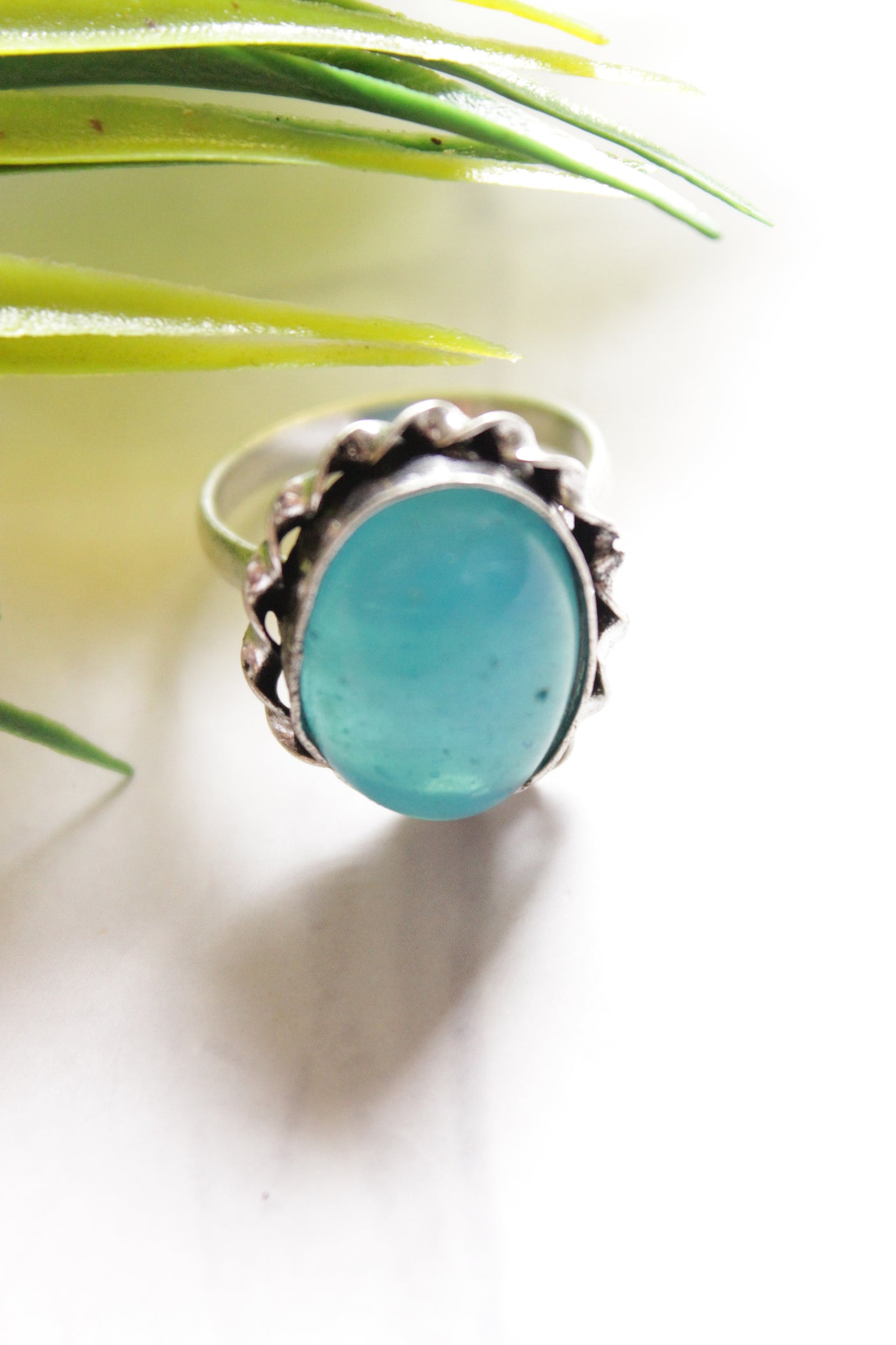 Blue Glass Stone Embedded Oxidised Finish Adjustable Ring