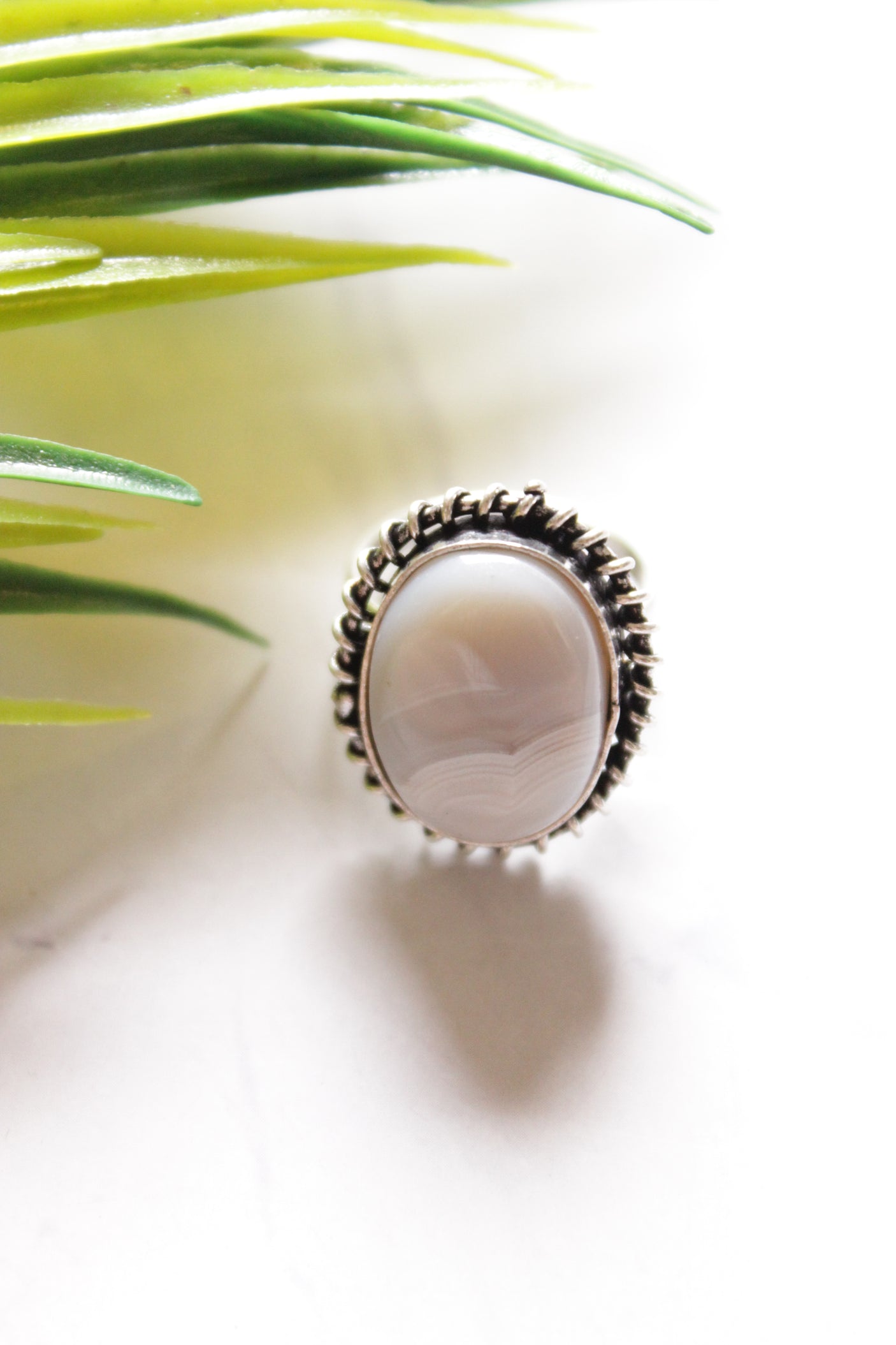 Ivory Glass Stone Embedded Oxidised Finish Adjustable Ring