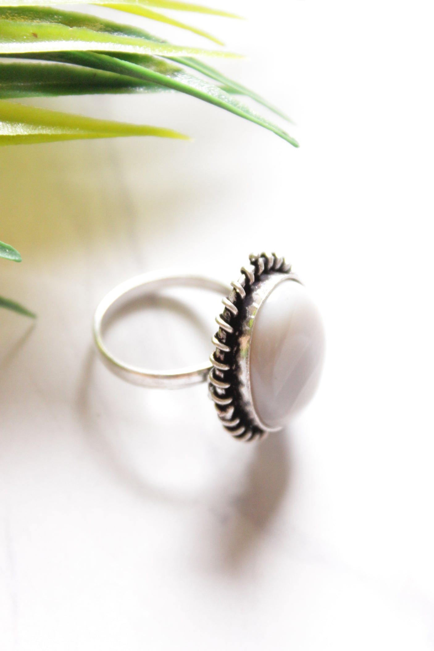 Ivory Glass Stone Embedded Oxidised Finish Adjustable Ring