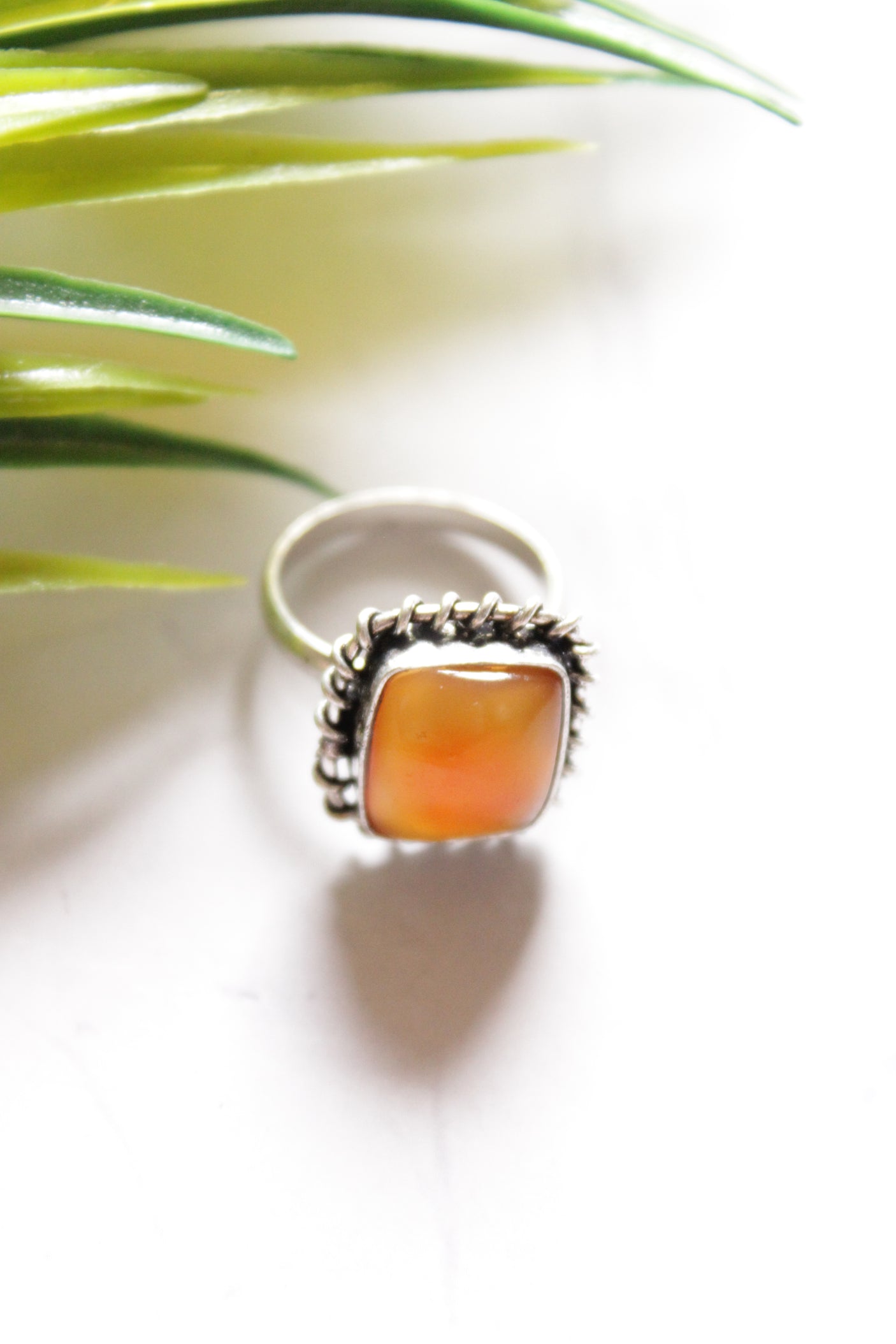 Orange Glass Stone Embedded Oxidised Finish Adjustable Ring