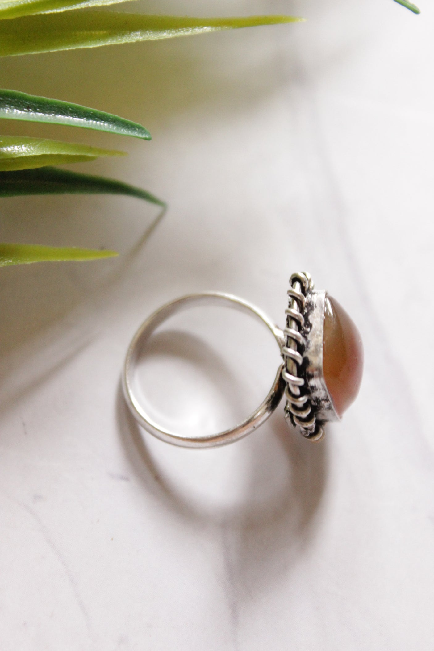Orange Glass Stone Embedded Oxidised Finish Adjustable Ring