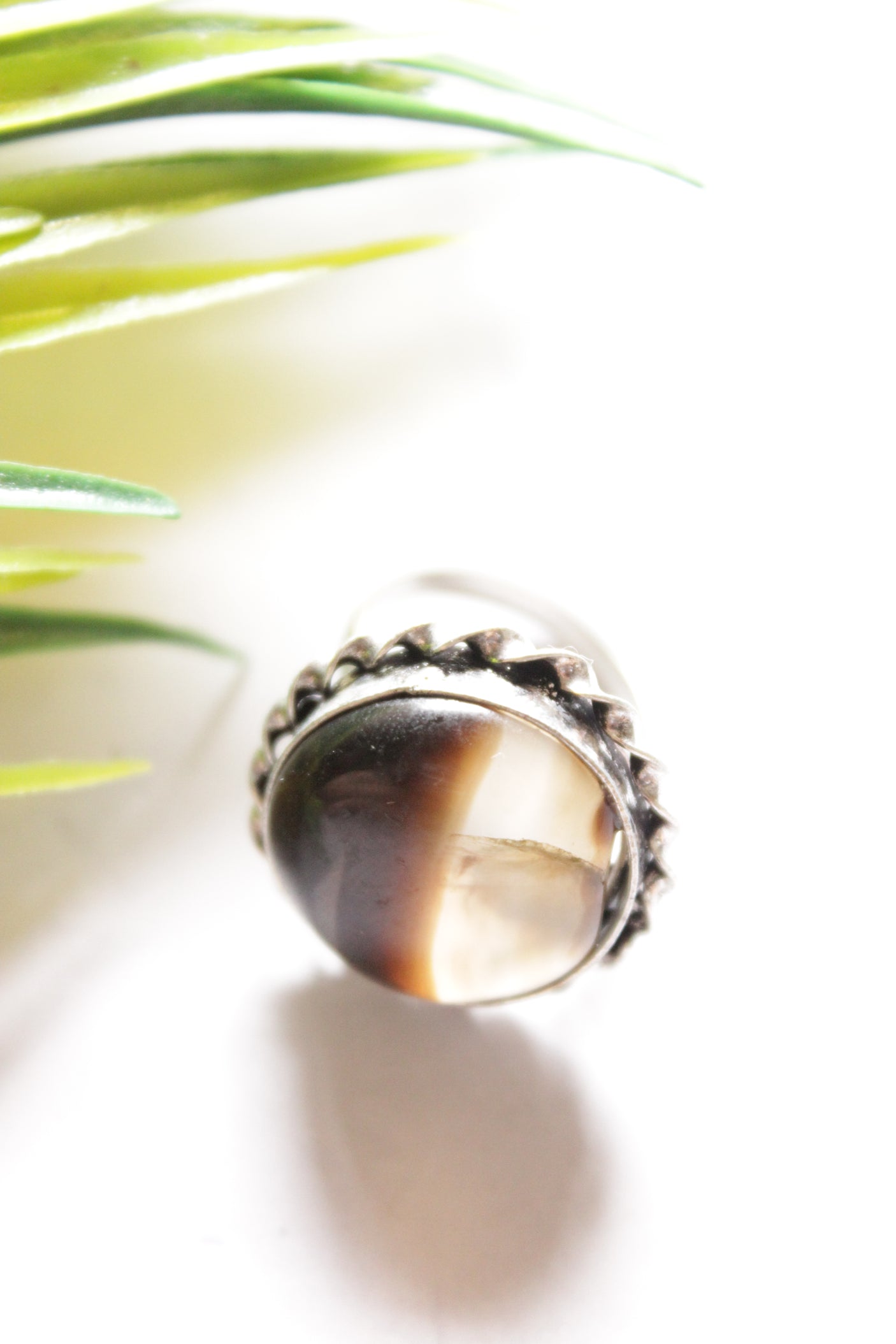 2 Shades Glass Stone Embedded Oxidised Finish Adjustable Ring