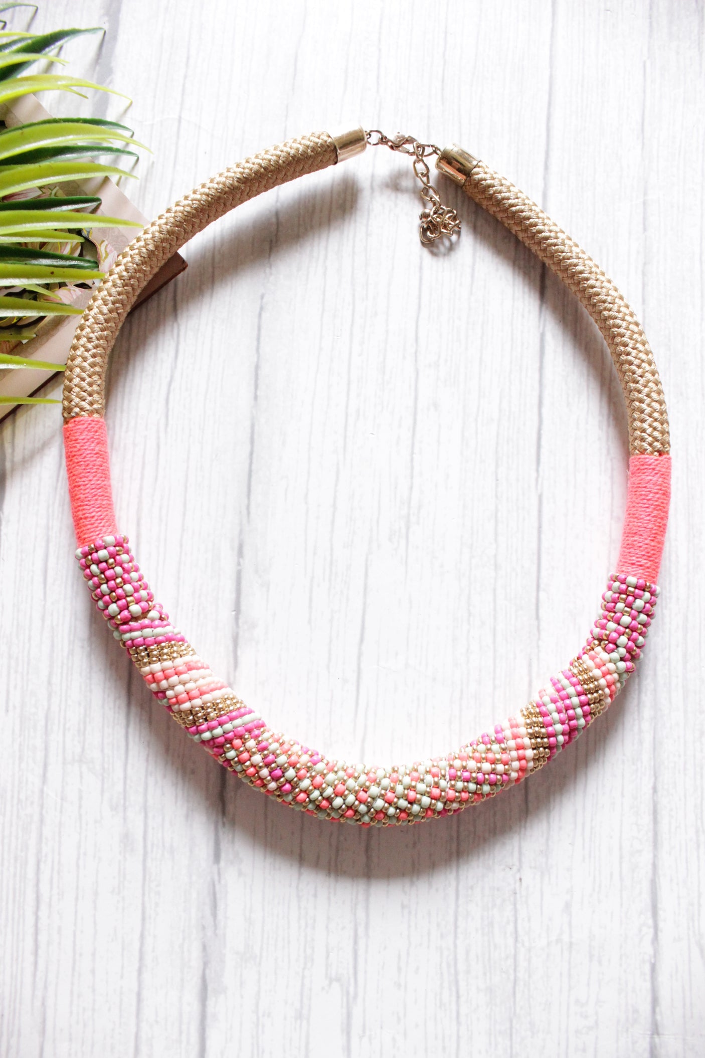Shades of Pink and Gold Soothing Hand Braided Beads and Fabric Necklace