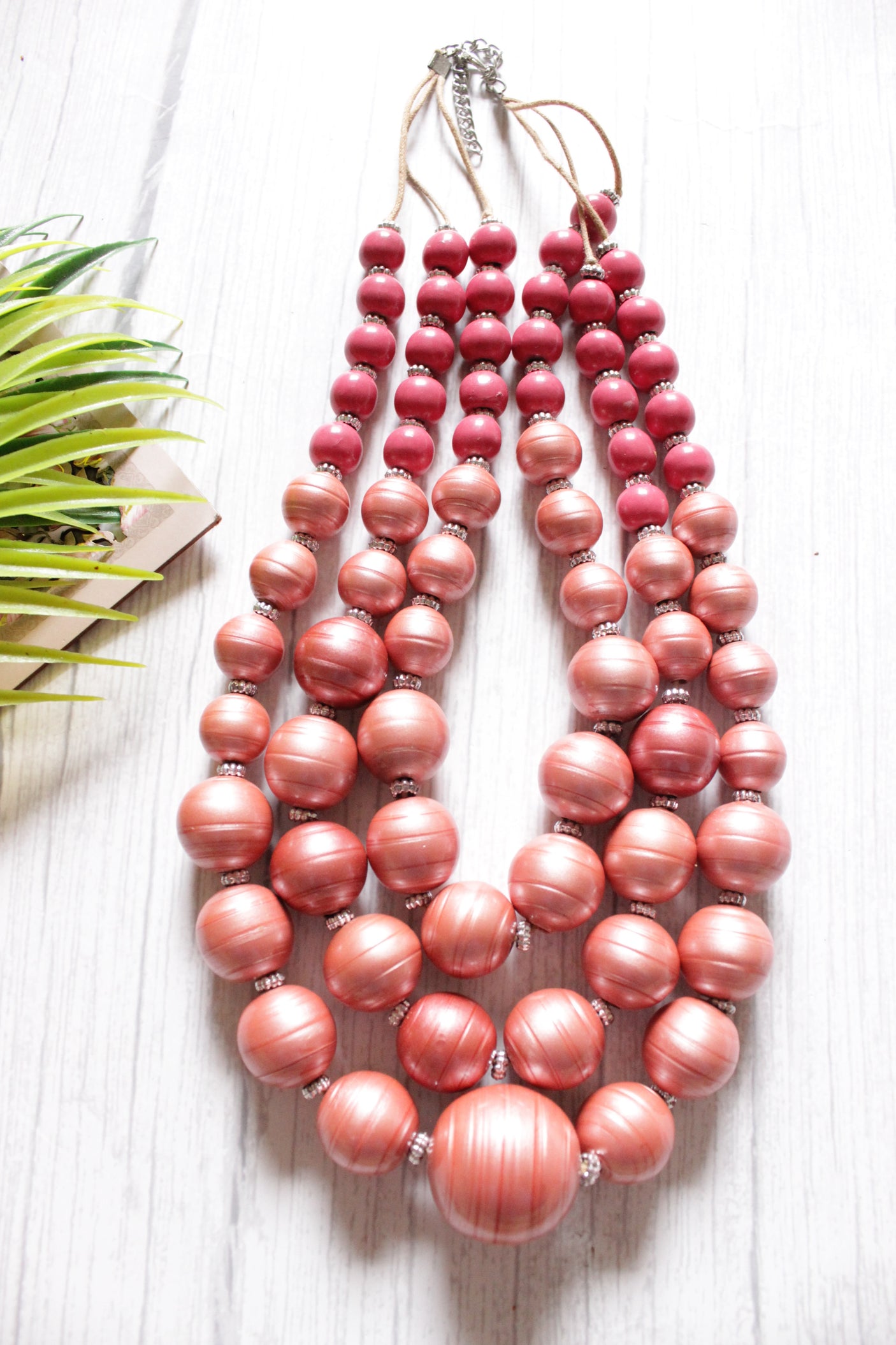 Copper and Pink Spherical Plastic Beads 3 Layer Necklace