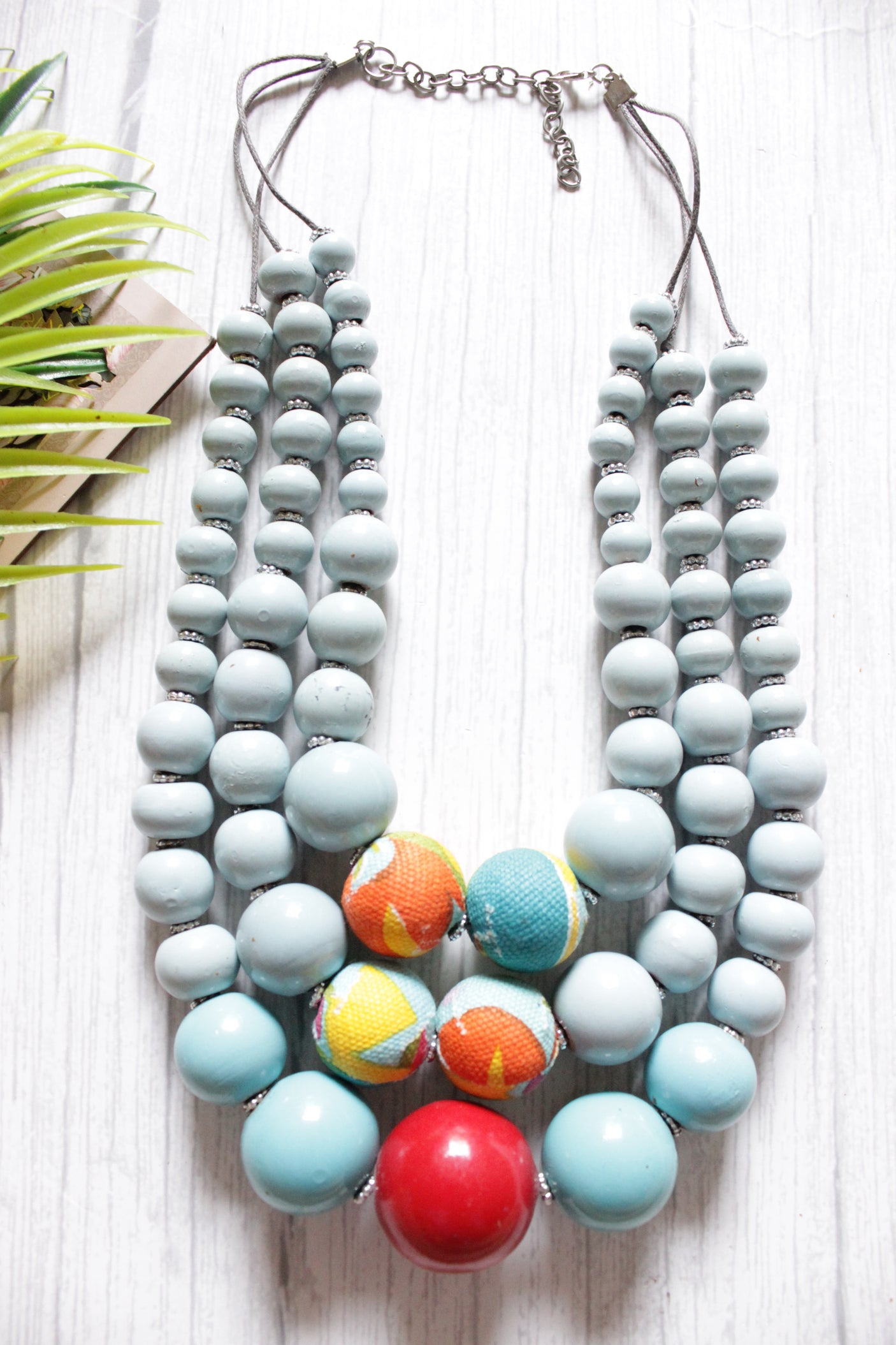 Baby Blue and Red Circular Acrylic Beads 3 Layer Necklace