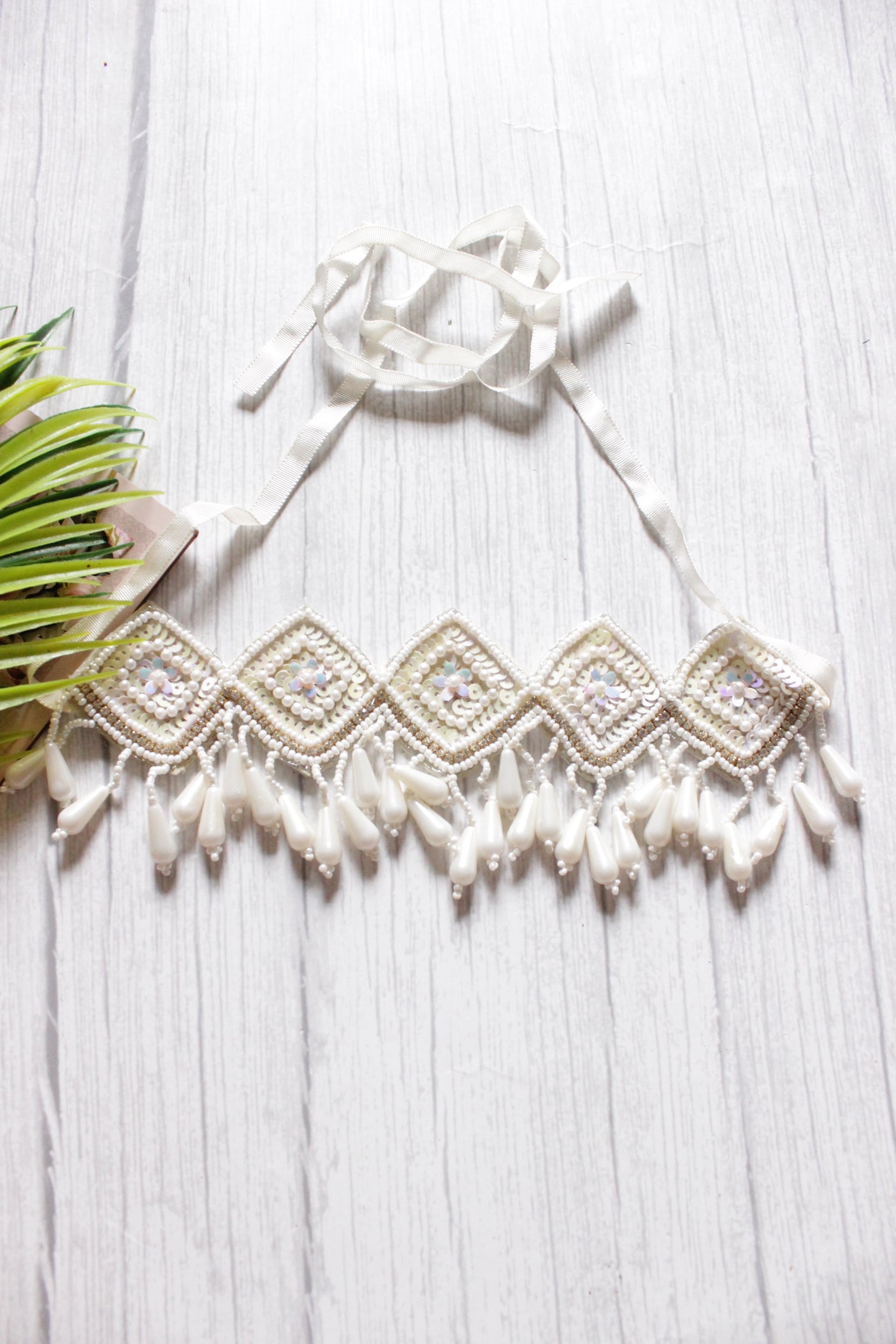 White Sequins and Beads Hand Braided Adjustable Length Choker Necklace