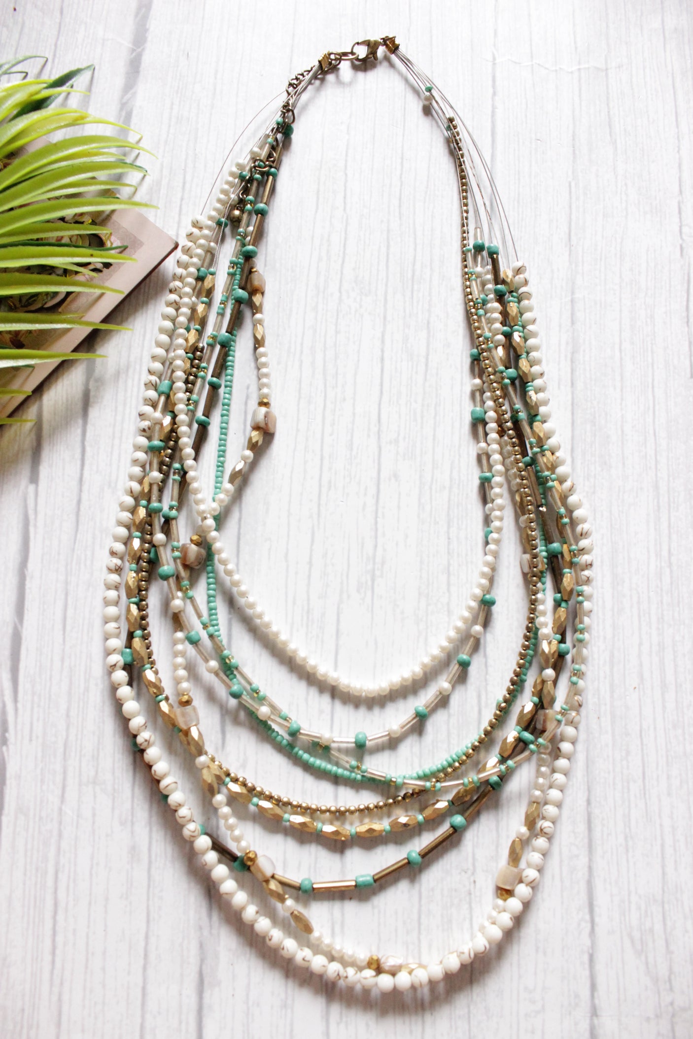 Shaded of White, Blue and Gold Acrylic and Metal Beads Hand Braided Beaded Necklace