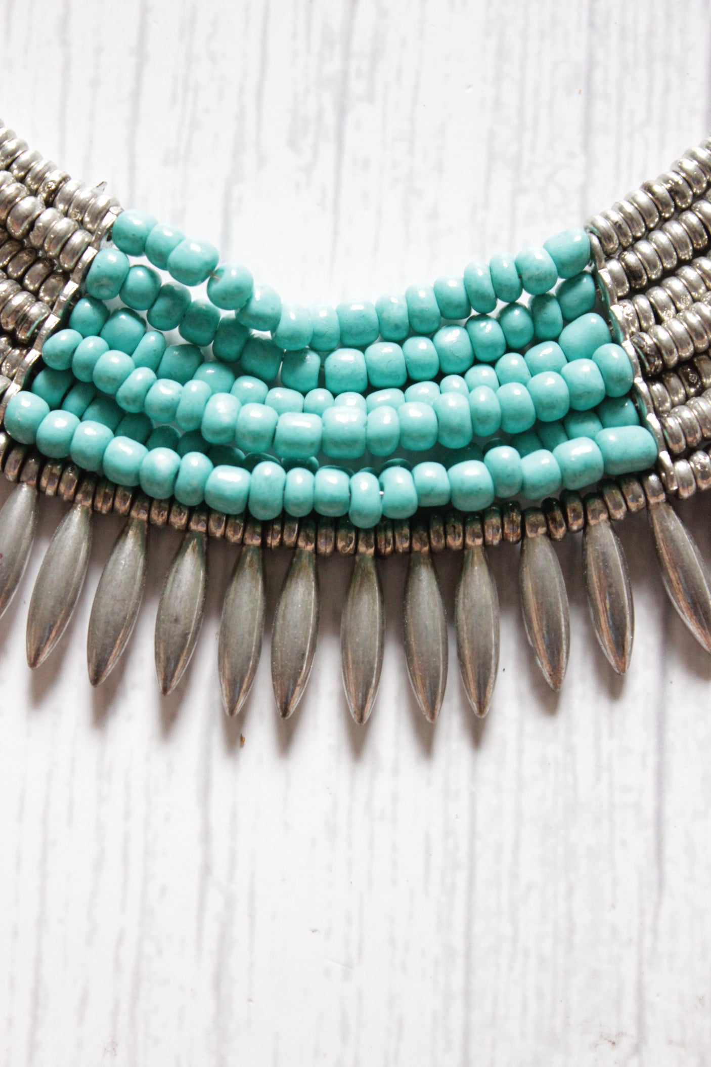 Turquoise Beads and Oxidised Finish Metal Accents Choker Necklace