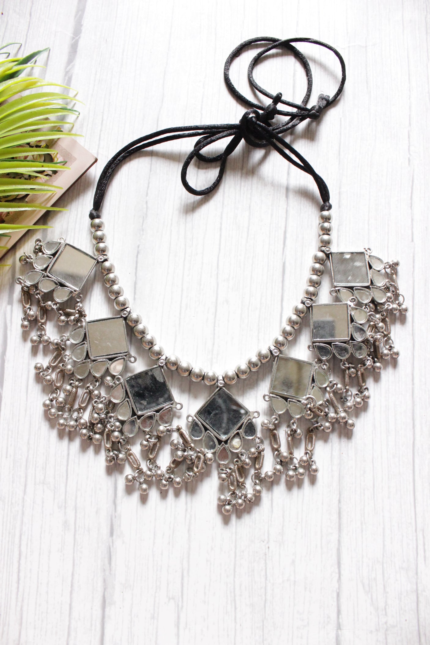 Mirror Work Oxidised Finish Metal Choker with Adjustable Length