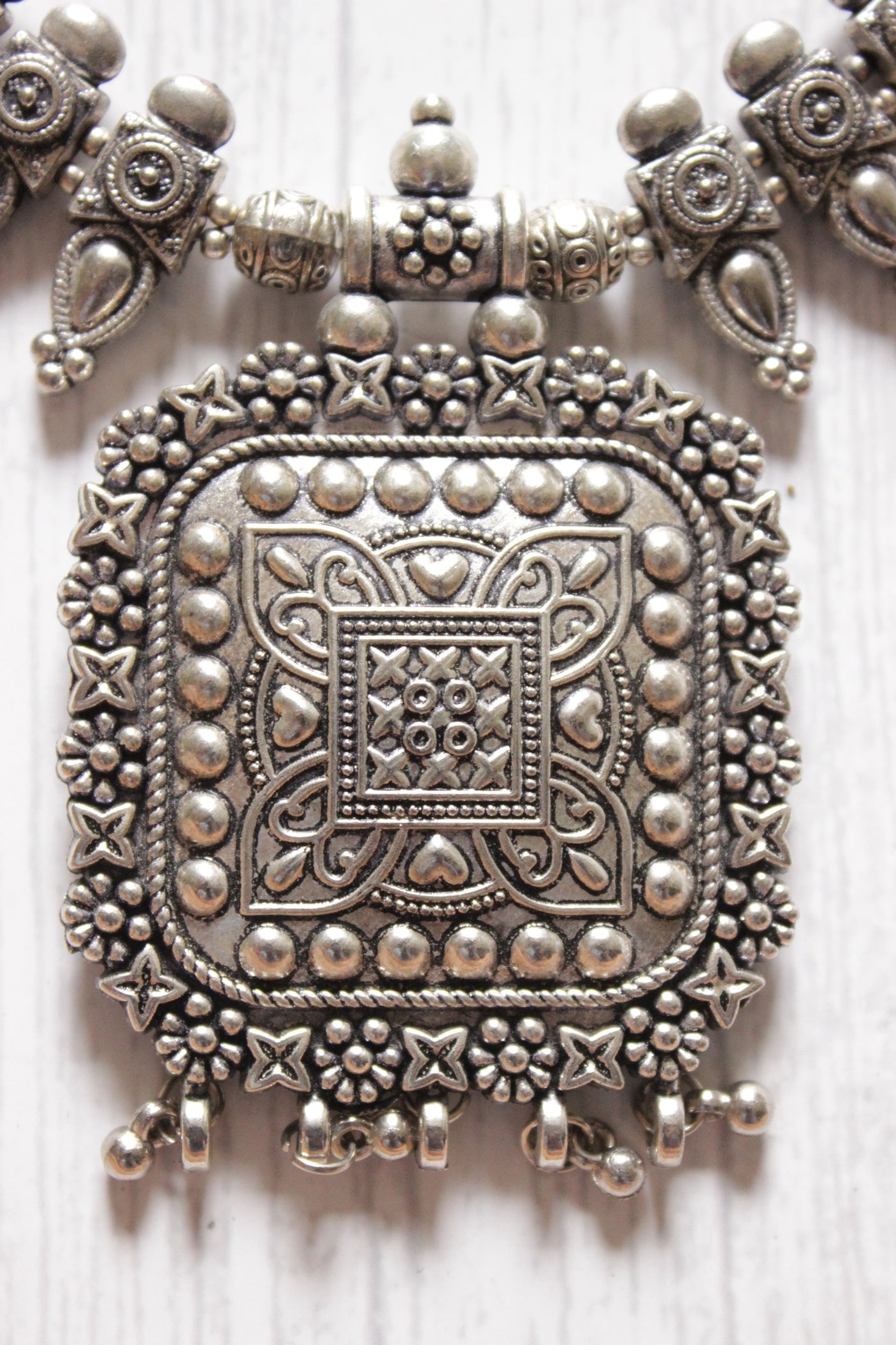 Oxidised Finish Elaborately Detailed Metal Necklace with Chain Closure