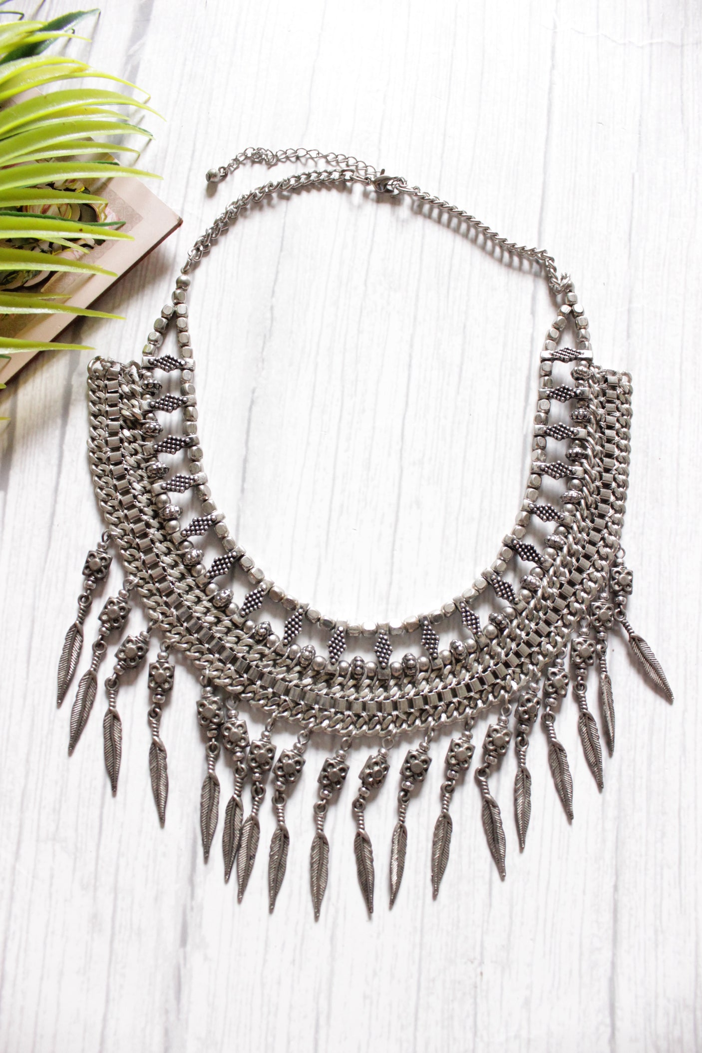 Oxidised Finish Elaborately Detailed Metal Choker Necklace with Adjustable Length Chain Closure