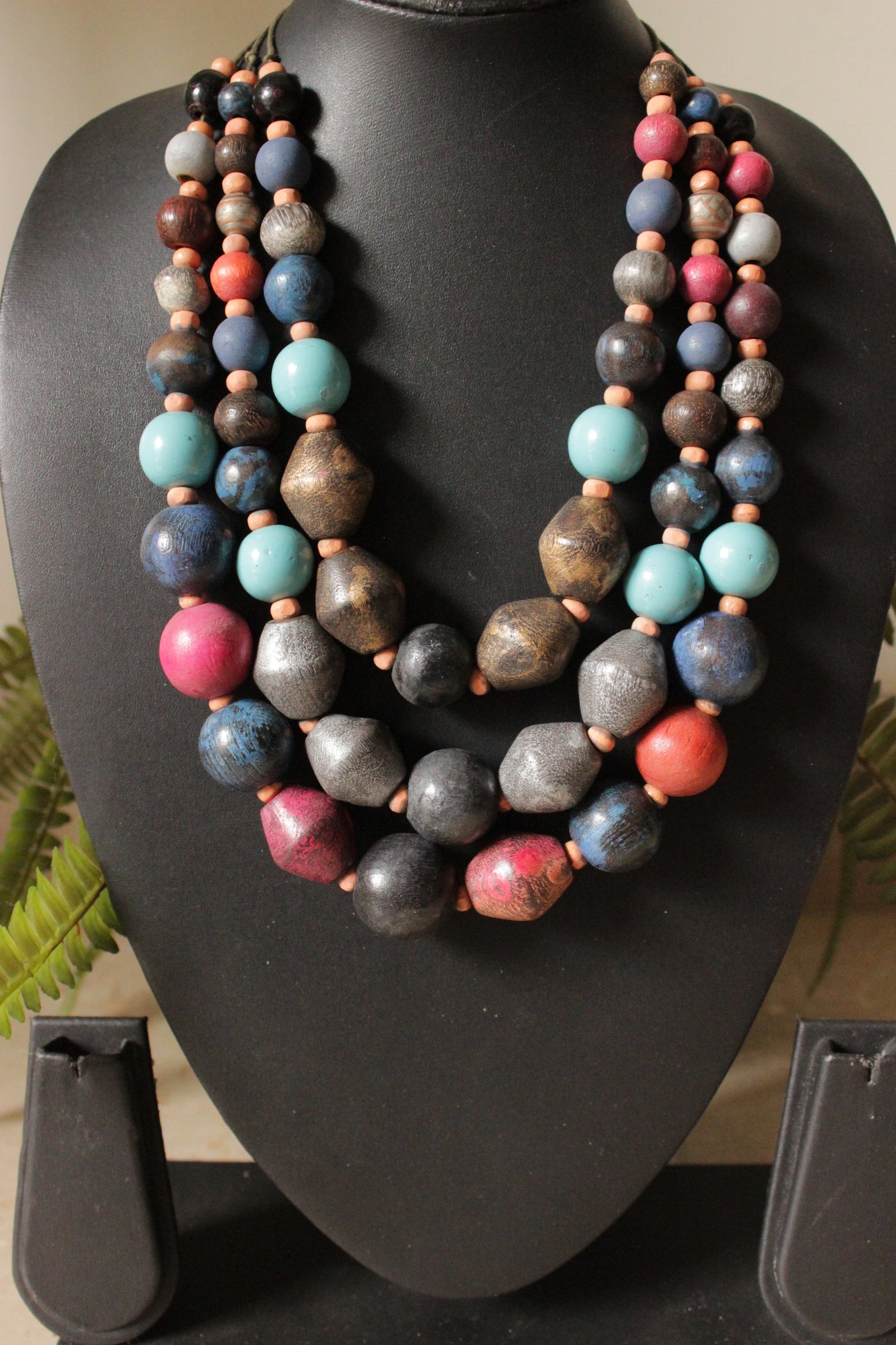 Multi-Color Earthy Circular Acrylic Beads 3 Layer Necklace