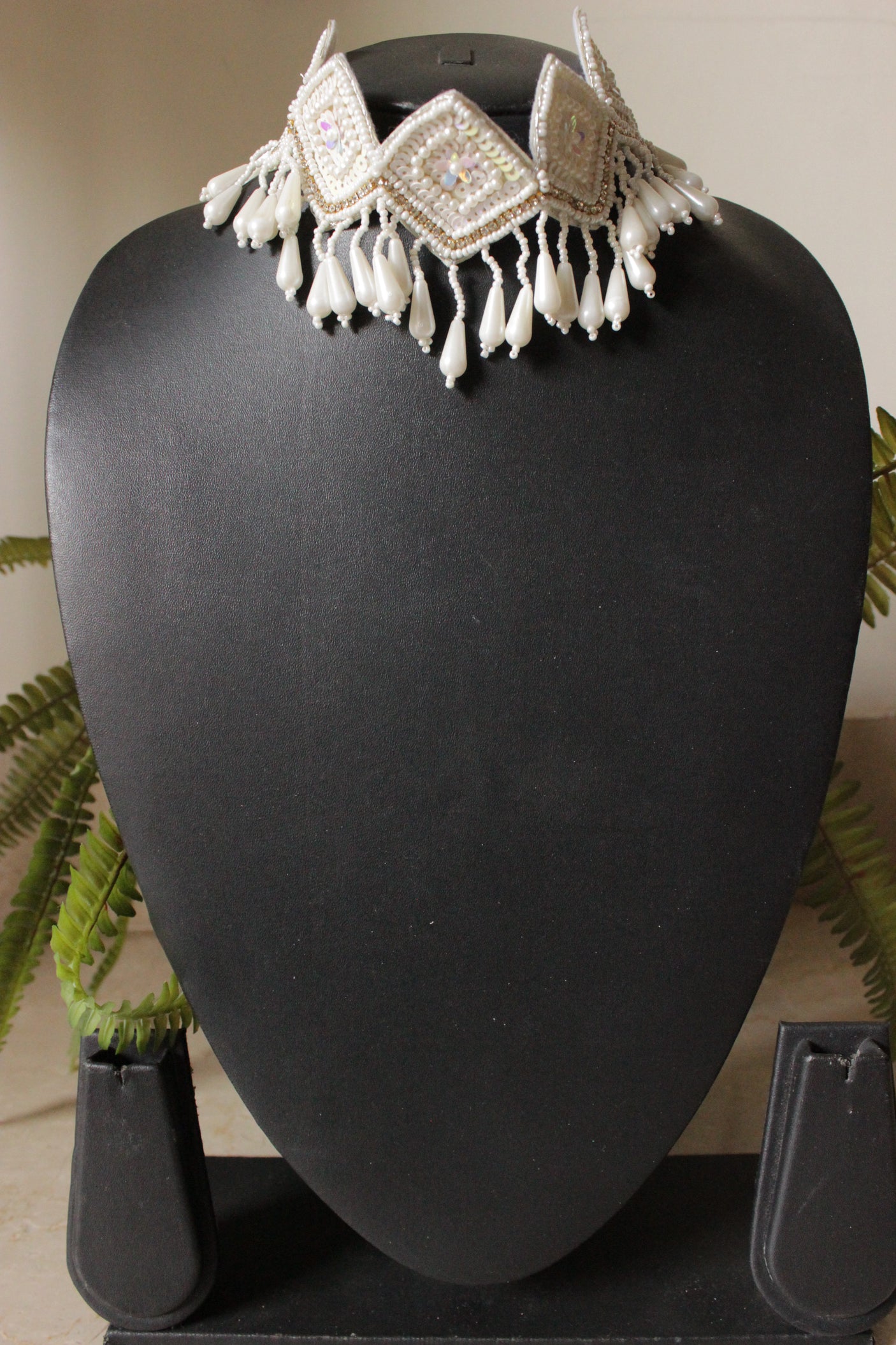 White Sequins and Beads Hand Braided Adjustable Length Choker Necklace