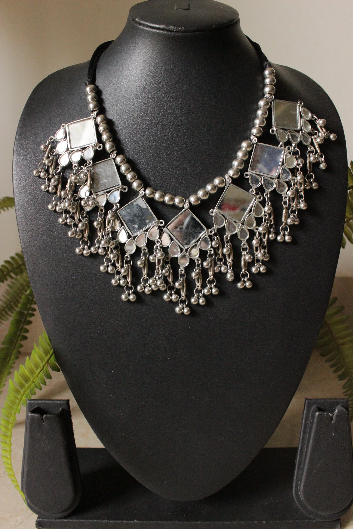 Mirror Work Oxidised Finish Metal Choker with Adjustable Length