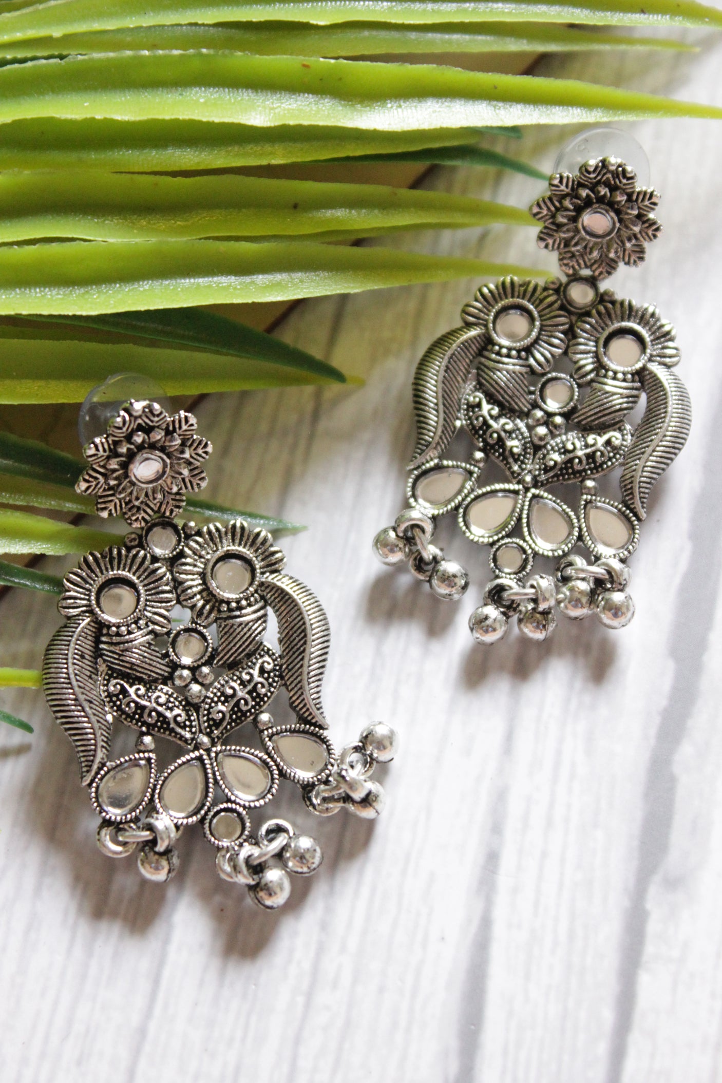 Set of 3 Silver Finish Mirror Work Necklace Set and Maang Tika