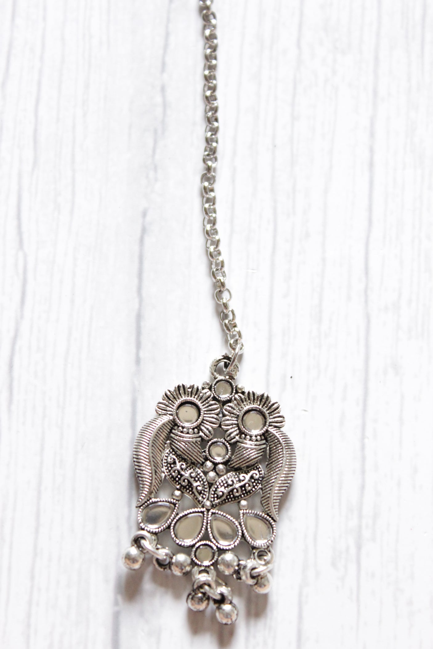 Set of 3 Silver Finish Mirror Work Necklace Set and Maang Tika