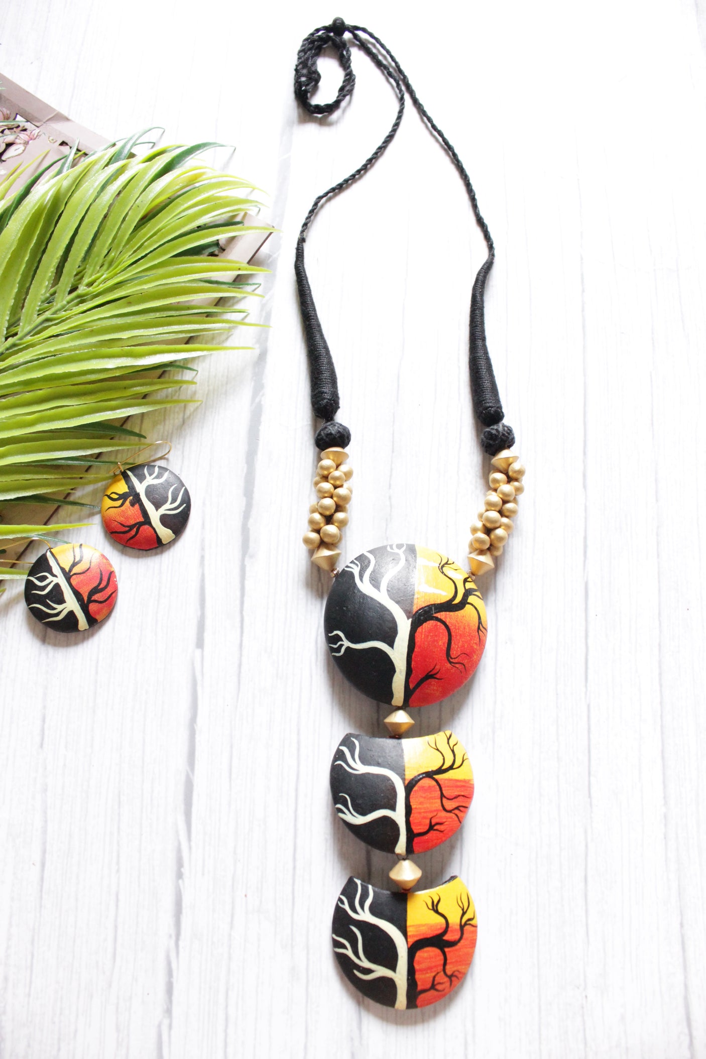 Sunrise & Sunset 3 Layer Terracotta Clay Pendant Tree Hand Painted Adjustable Closure Necklace Set