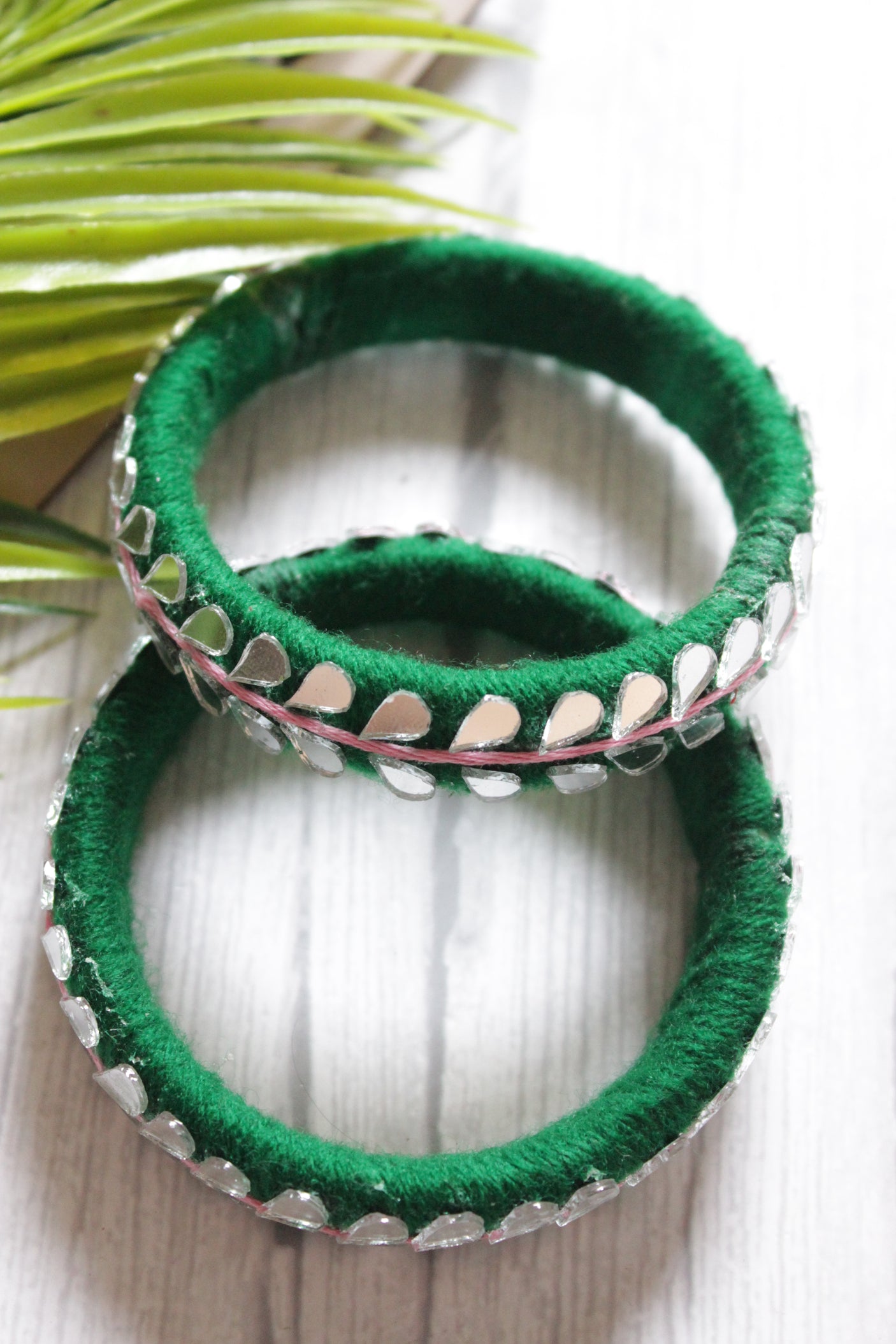 Green Fabric Threads and Mirror Work Metal Bangles - Set of 2