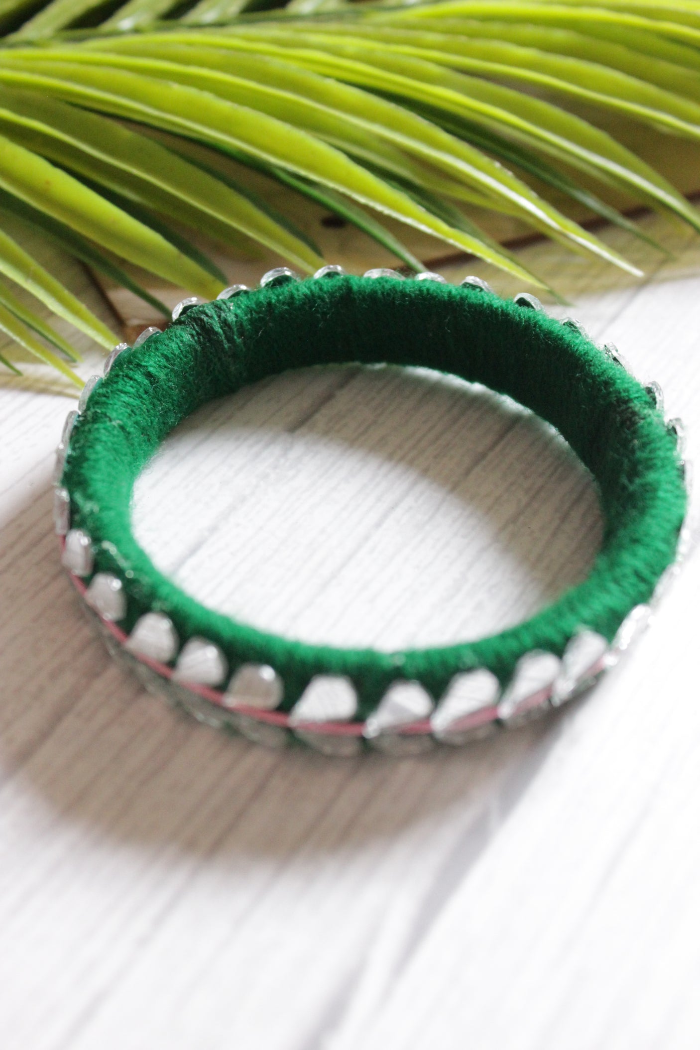 Green Fabric Threads and Mirror Work Metal Bangles - Set of 2