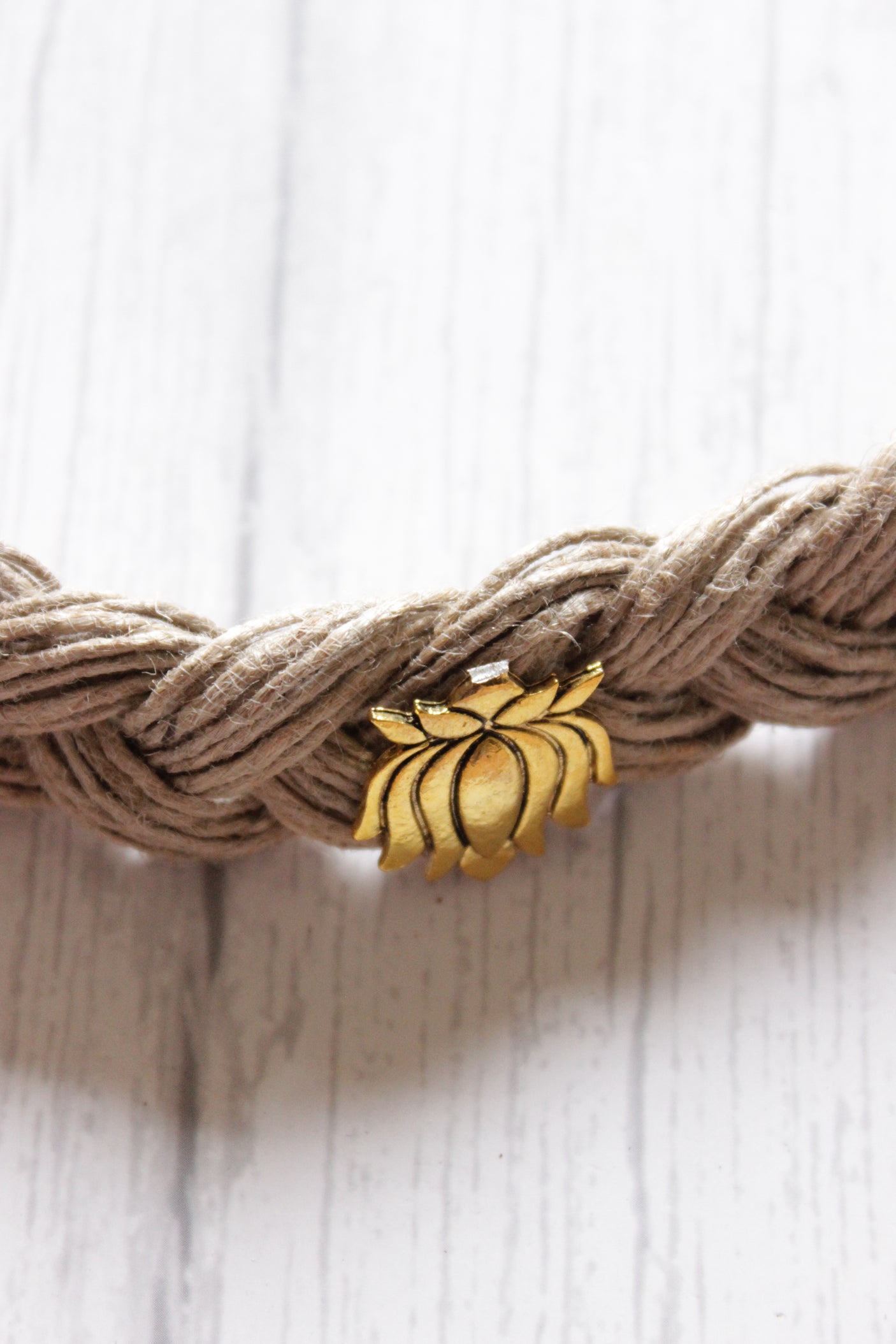Gold Finish Lotus Metal Charms Hand Braided in Jute Threads Choker Necklace