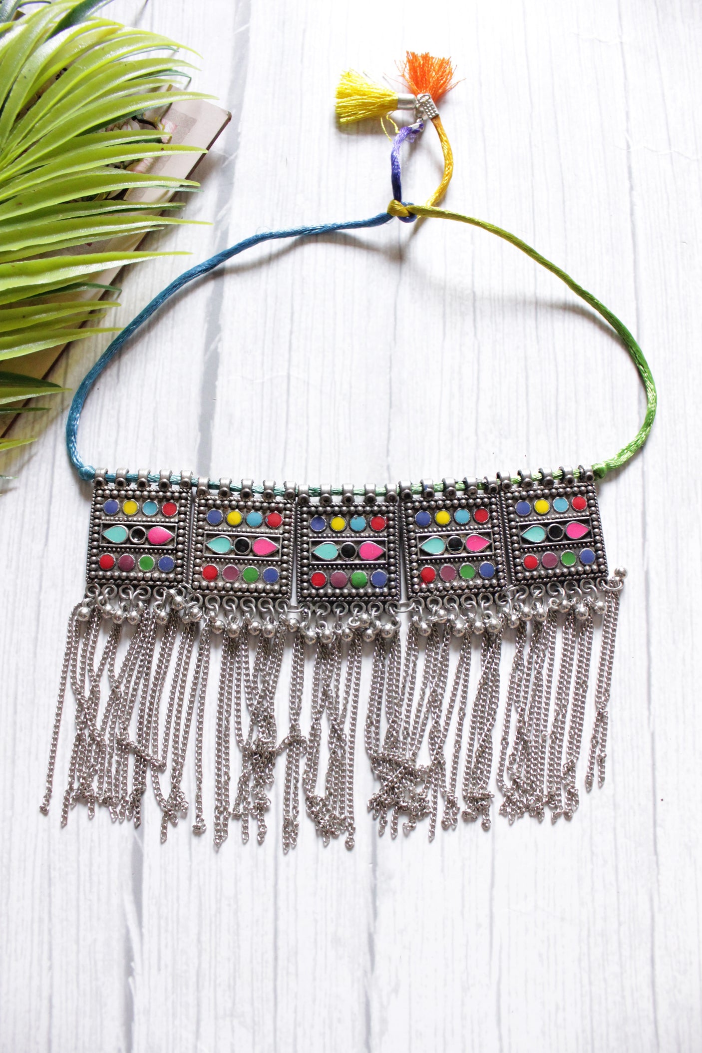 Multi-Color Enamel Painted Oxidised Finish Metal Choker with Chain Strings