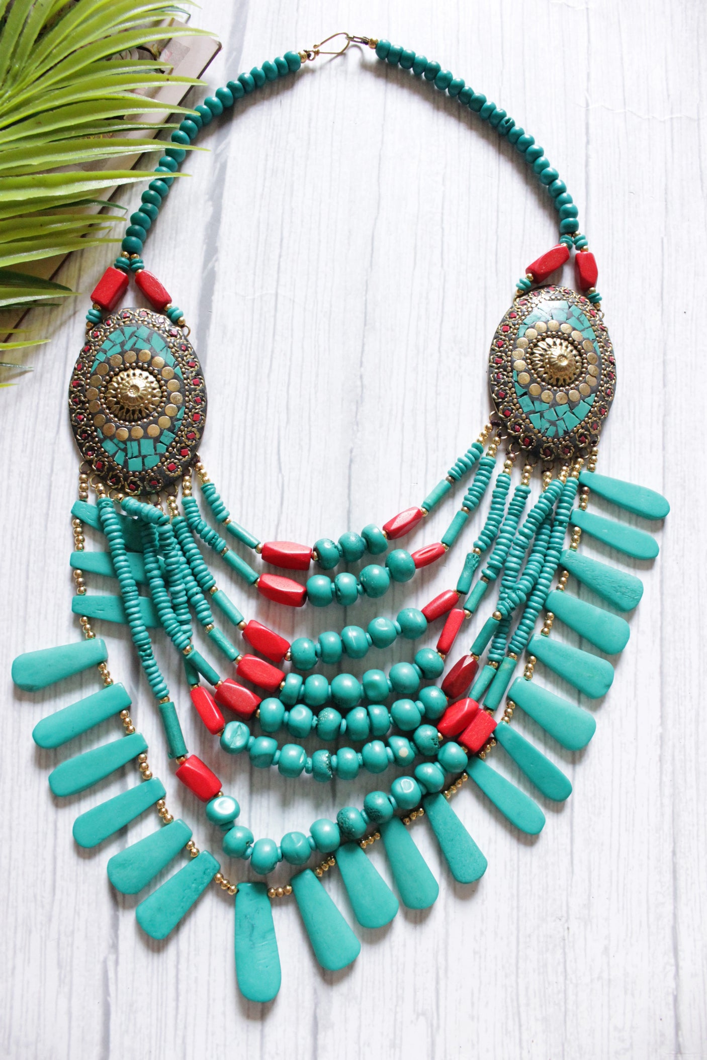 Turquoise and Red Bone Beads Handcrafted Multi-Layer African and Tibetan Tribal Necklace