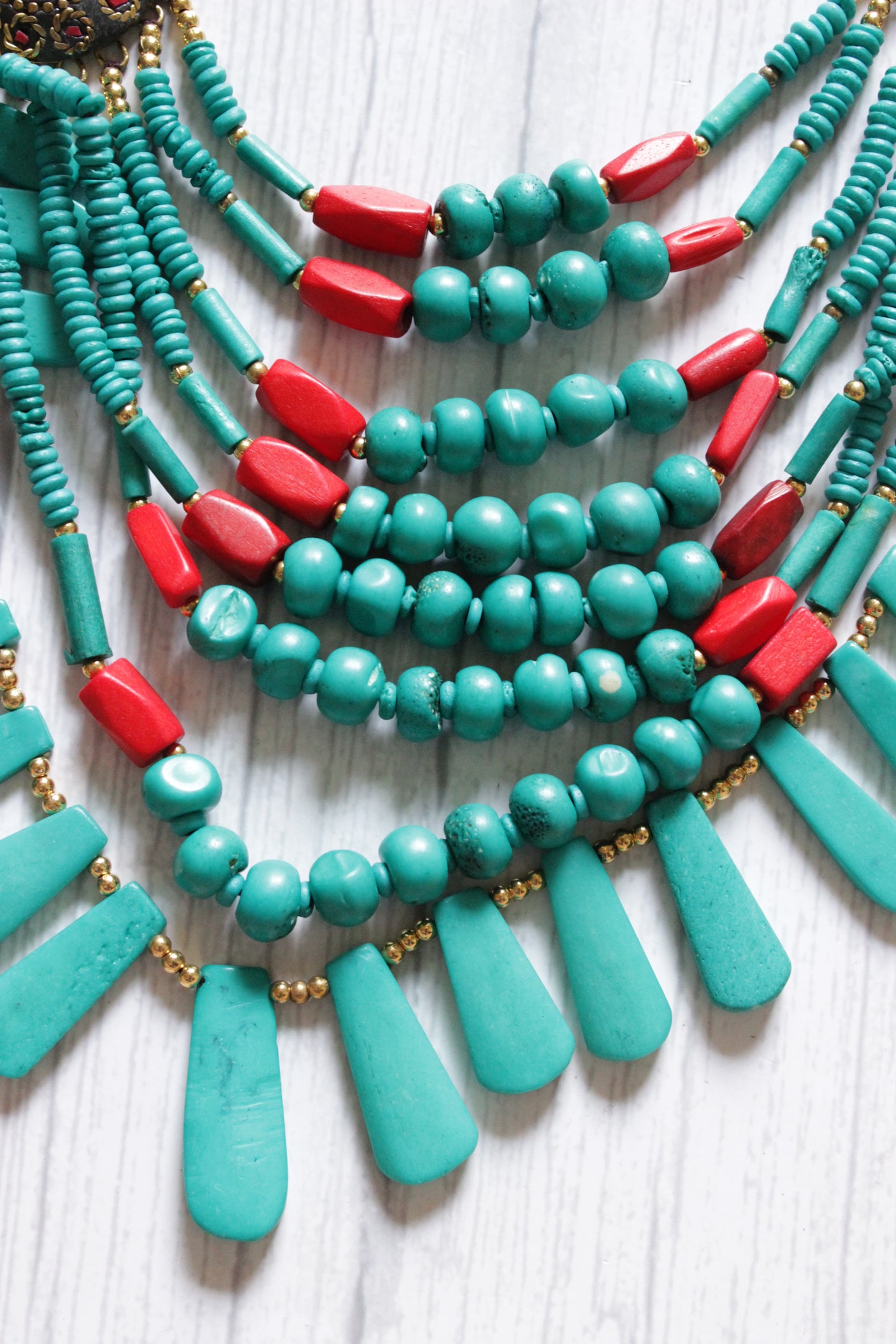 Turquoise and Red Bone Beads Handcrafted Multi-Layer African and Tibetan Tribal Necklace