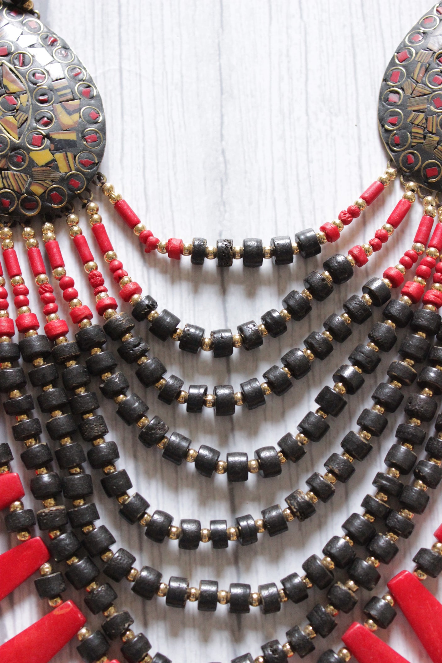Brown and Red Bone Beads Handcrafted Multi-Layer African and Tibetan Tribal Necklace