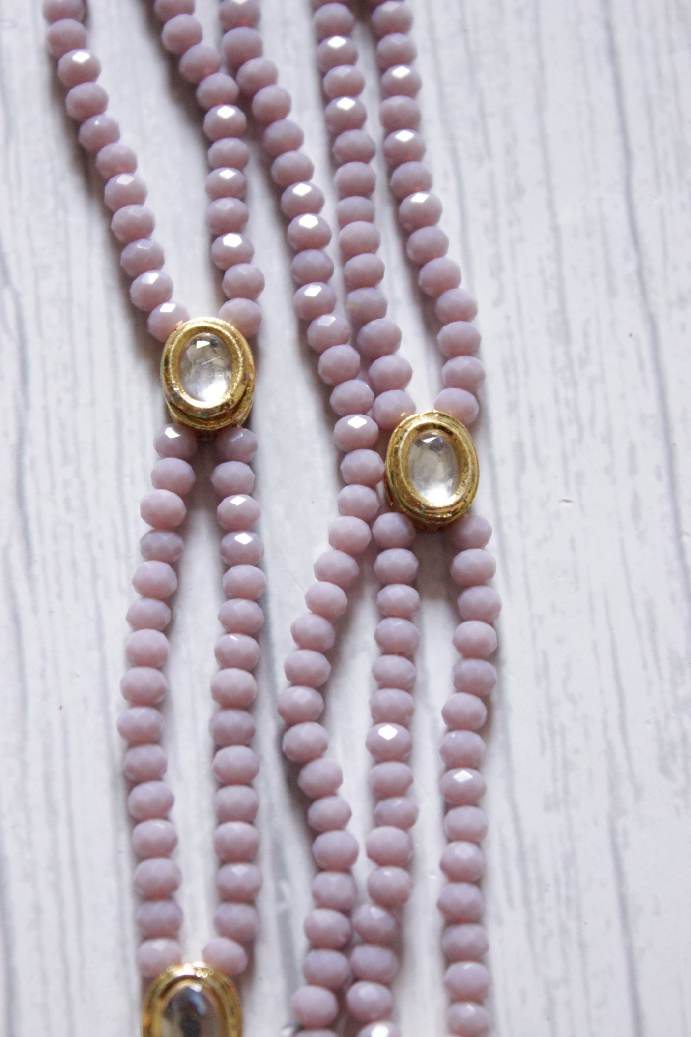 Purple Crystal Beads Multi Layer Kundan Work Gold Toned Necklace Set