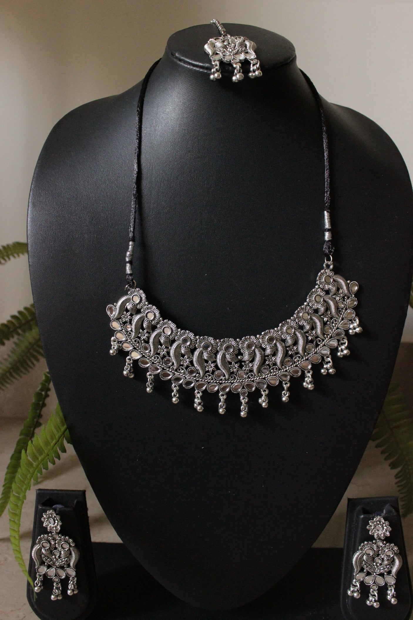 Set of 3 Silver Finish Mirror Work Necklace Set and Maang Tika