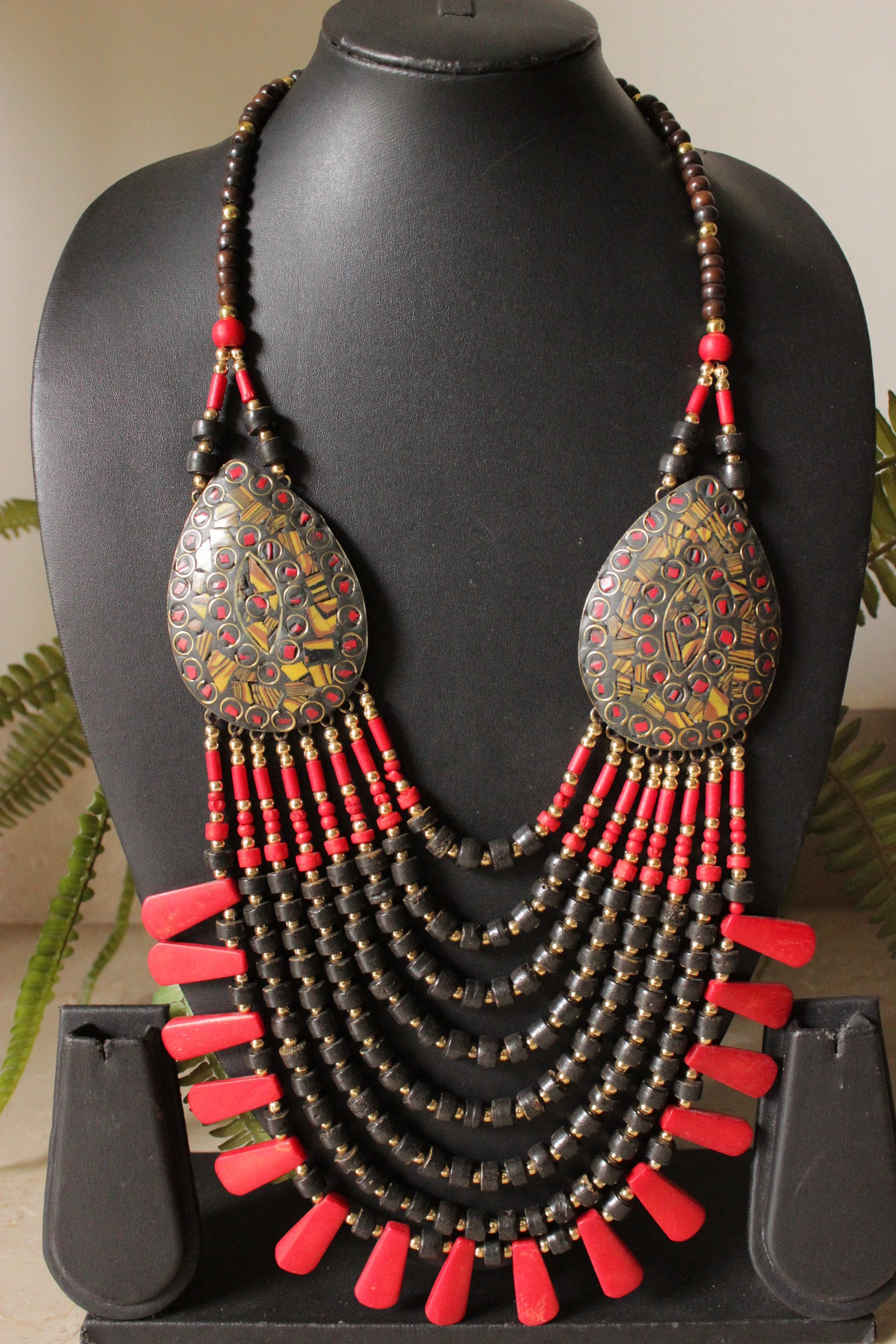 Brown and Red Bone Beads Handcrafted Multi-Layer African and Tibetan Tribal Necklace