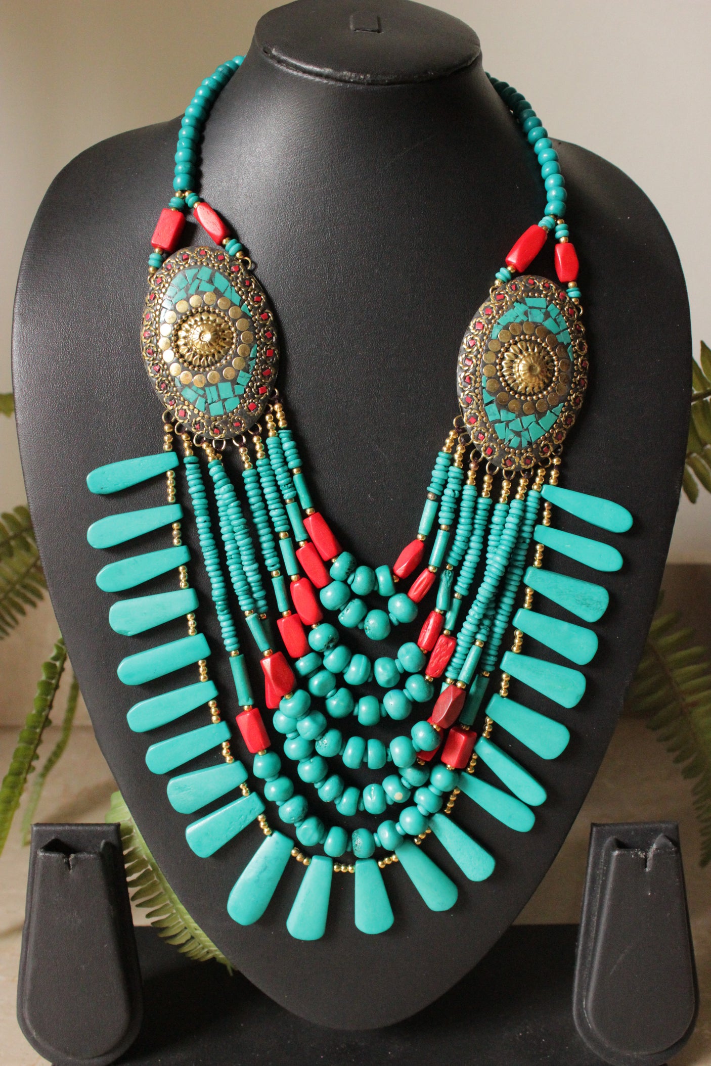 Turquoise and Red Bone Beads Handcrafted Multi-Layer African and Tibetan Tribal Necklace