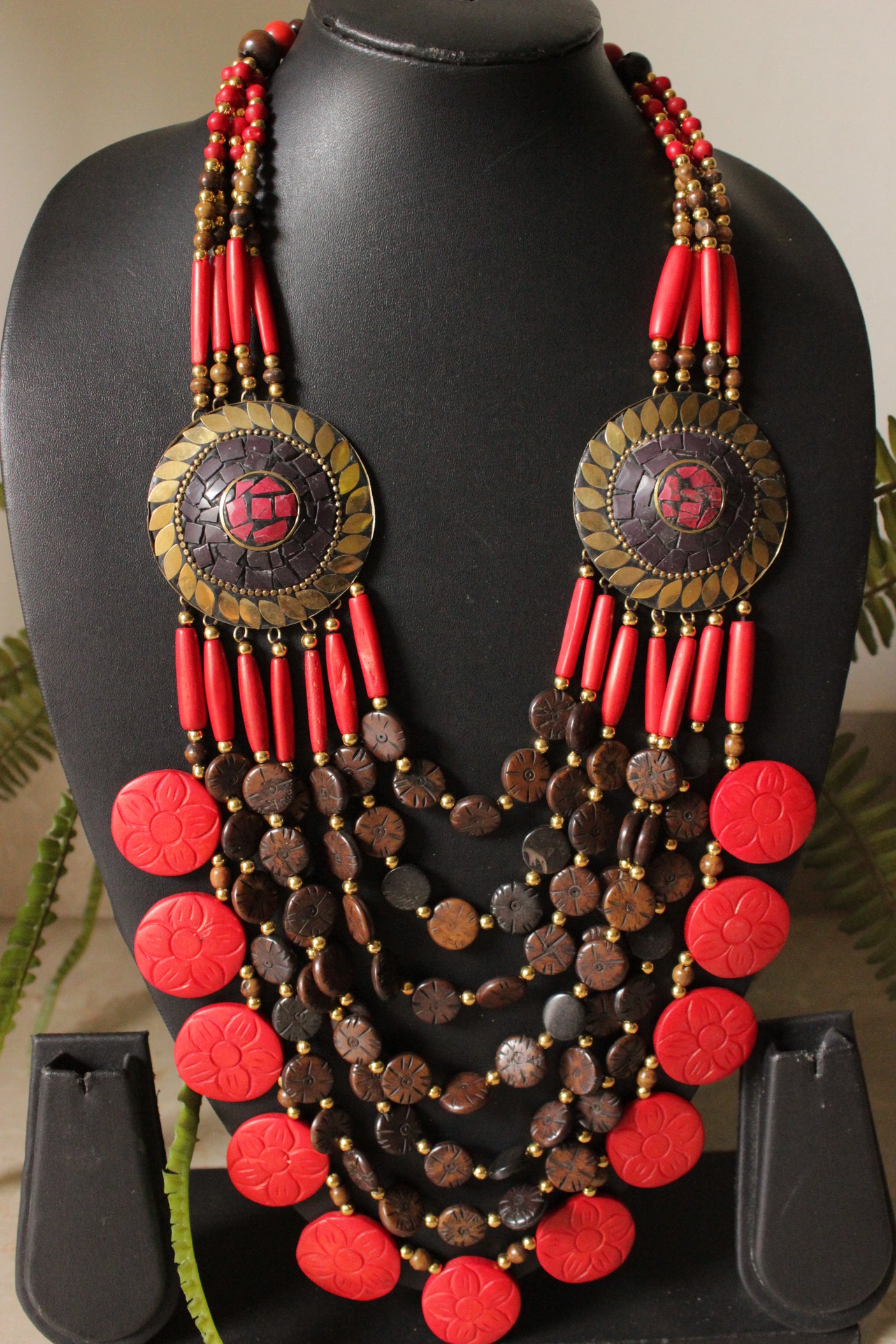 Brown and Red Circular Bone Beads Handcrafted Multi-Layer African Tribal Necklace